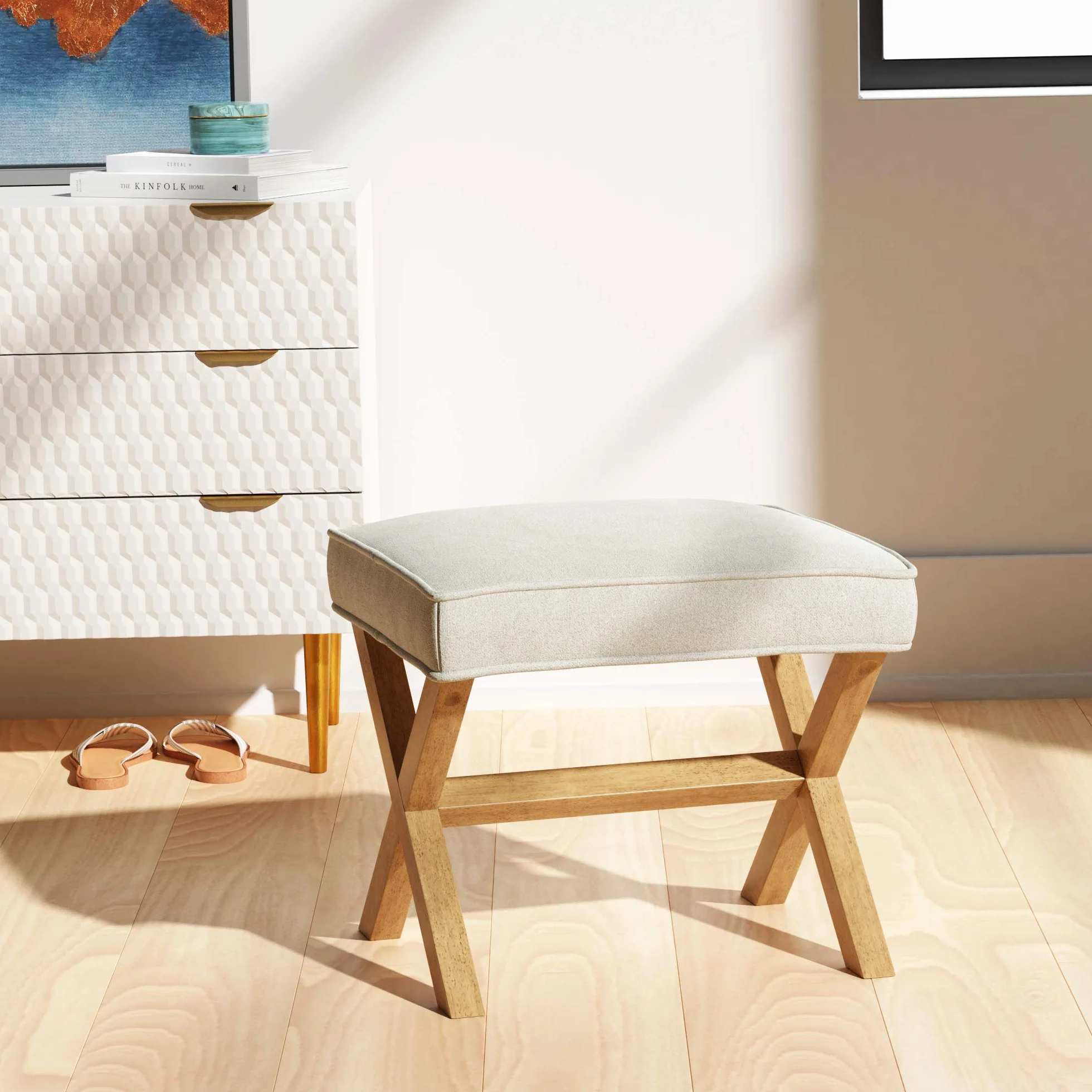 Amazon Basics prostokątne nowoczesne wzornictwo w kształcie litery X-Design, z połowy wieku, lniany taboret, szerokość 50,8 cm, kolor kości słoniowej