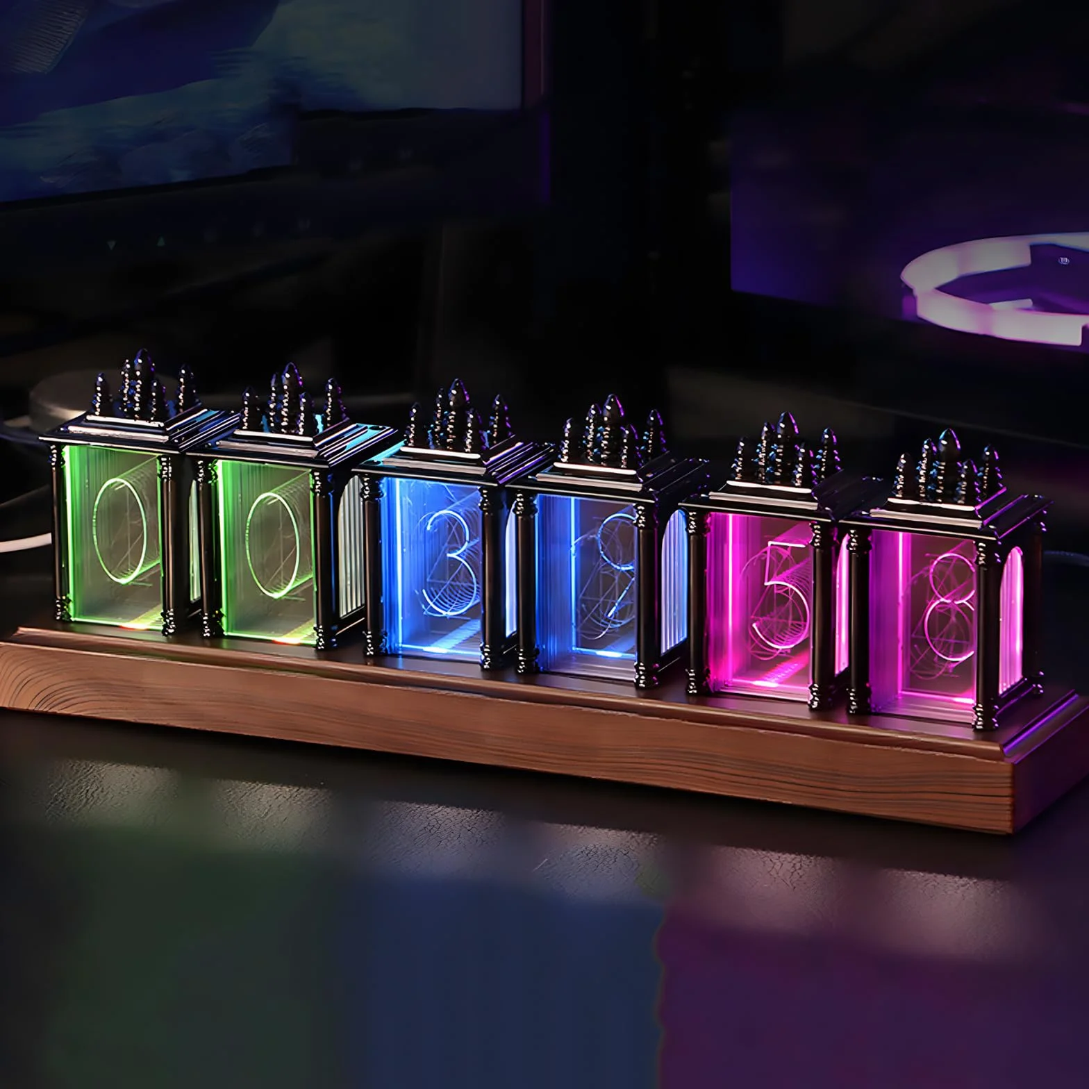LIROPAU Nixie zegar lampowy z diodami LED RGB, funkcja pamięci wyłączania, data i godzina DIY, wiele trybów, przełącznik 12/24 godzin, zasilanie USB, do dekoracji prezentów