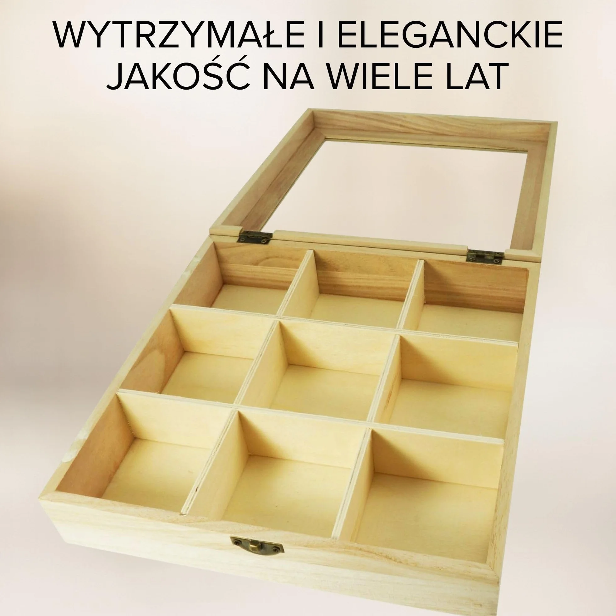 Incutex drewniane pudełko na herbatę organizer 9 przegródek przezroczysta pokrywa jasnobrązowy