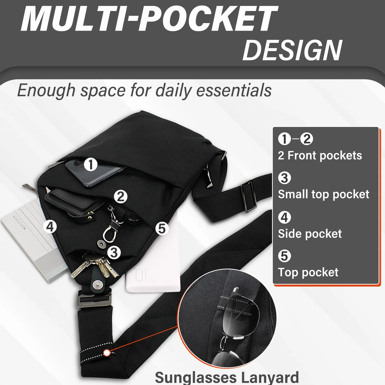 FuninCrea Sling Bag męska torba podróżna zabezpieczona przed kradzieżą z 5 kieszeniami i odblaskowym paskiem, torba na ramię, męska torba antykradzieżowa z paskiem na ramię