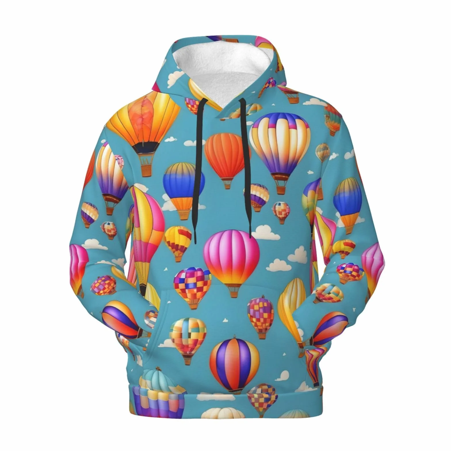 Męska bluza z kapturem z kolorowym nadrukiem balonów na gorące powietrze, casualowa grafika z nadrukiem bluzy z kapturem z kieszenią
