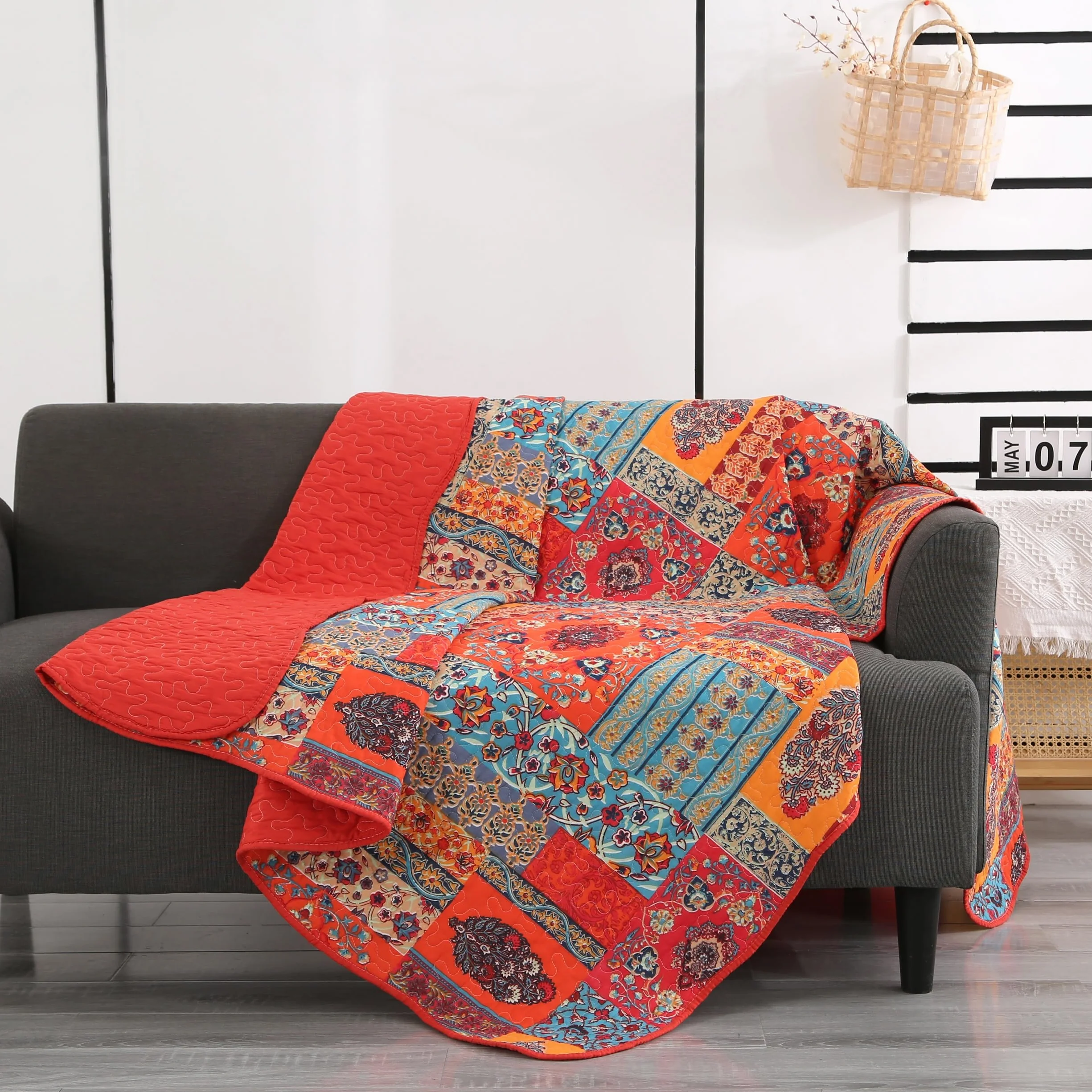 Qucover Pojedyncze narzuty na łóżko bawełniana mikrofibra patchworkowa 150 x 200 cm pikowane pomarańczowe niebieskie