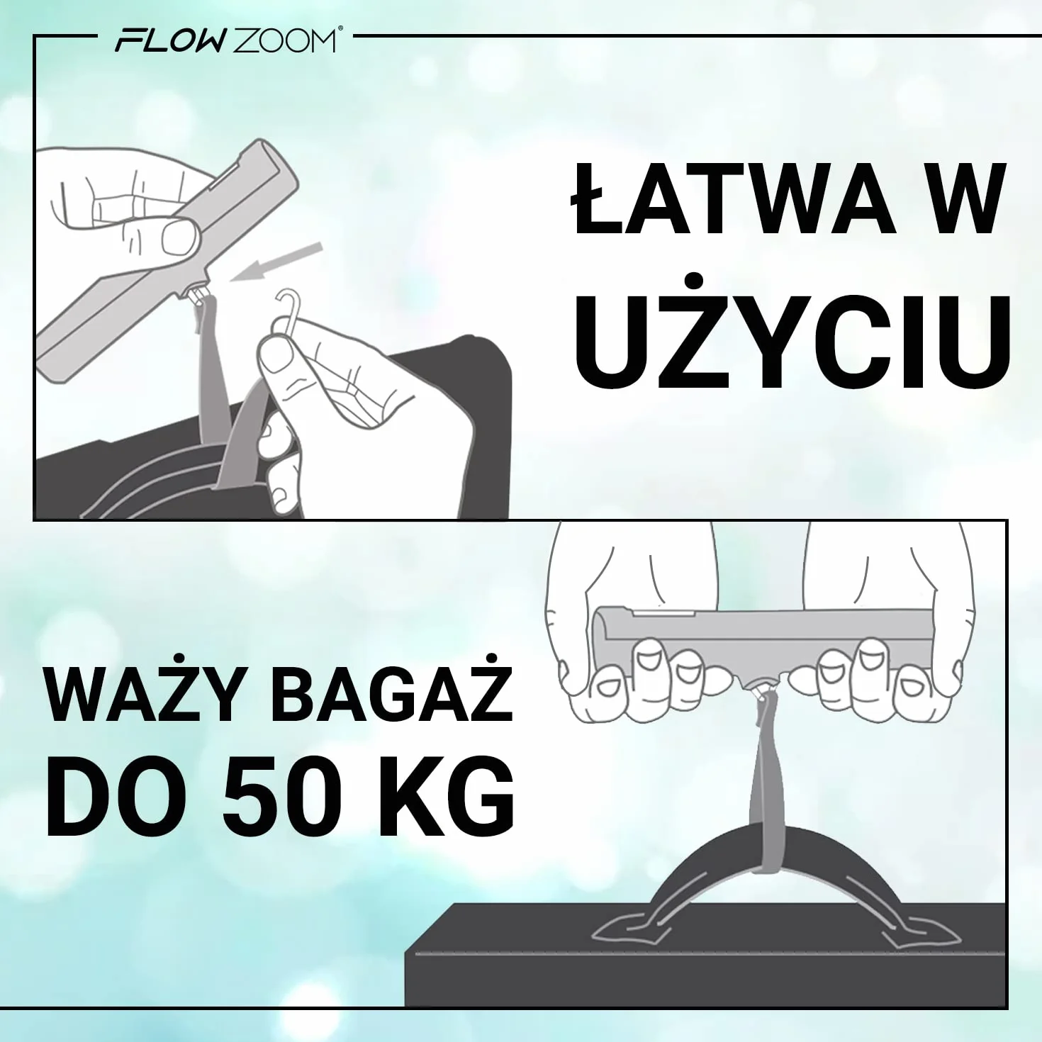 FLOWZOOM Waga Bagażowa Elektroniczna | Przenośna Podróżna Waga Wisząca z Torbą do Przenoszenia i Funkcją TARE | Walizkowa SHAKEE, Srebrny