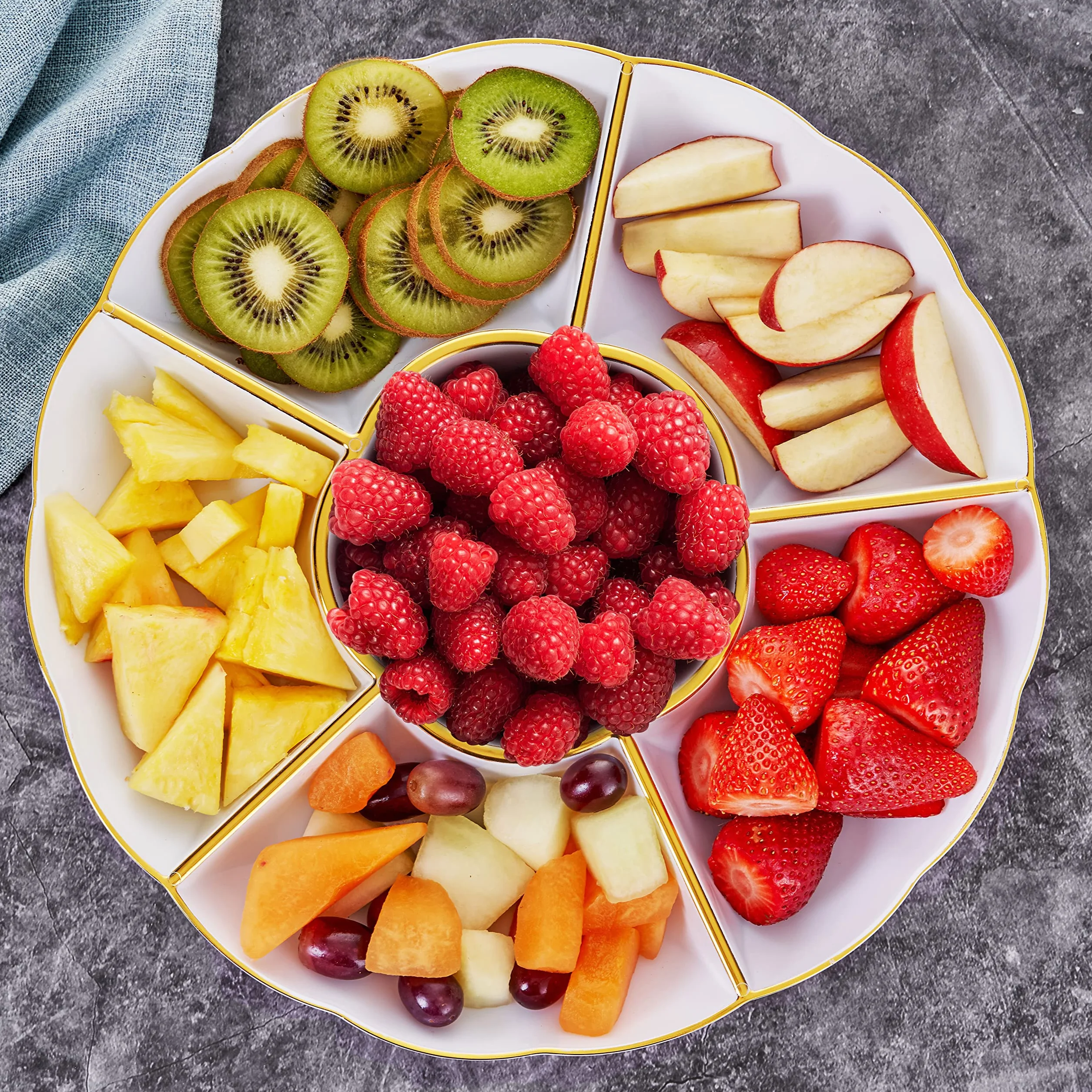 Pack of 5 Round Compartment Trays with 6 Sections, Reusable Party Platters 12'' (30 cm)