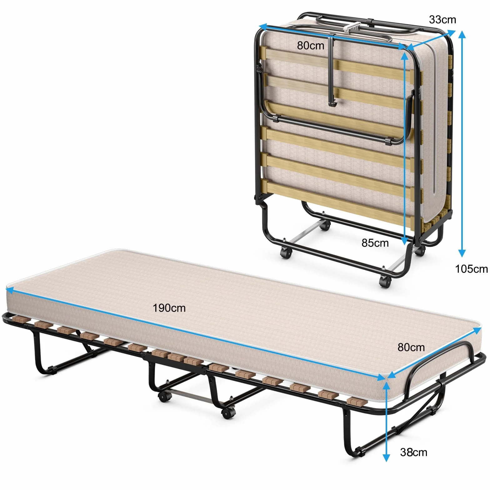 COSTWAY Łóżko dla gości 80x190 cm składane z materacem piankowym memory metalowe do 130 kg na kółkach beżowe