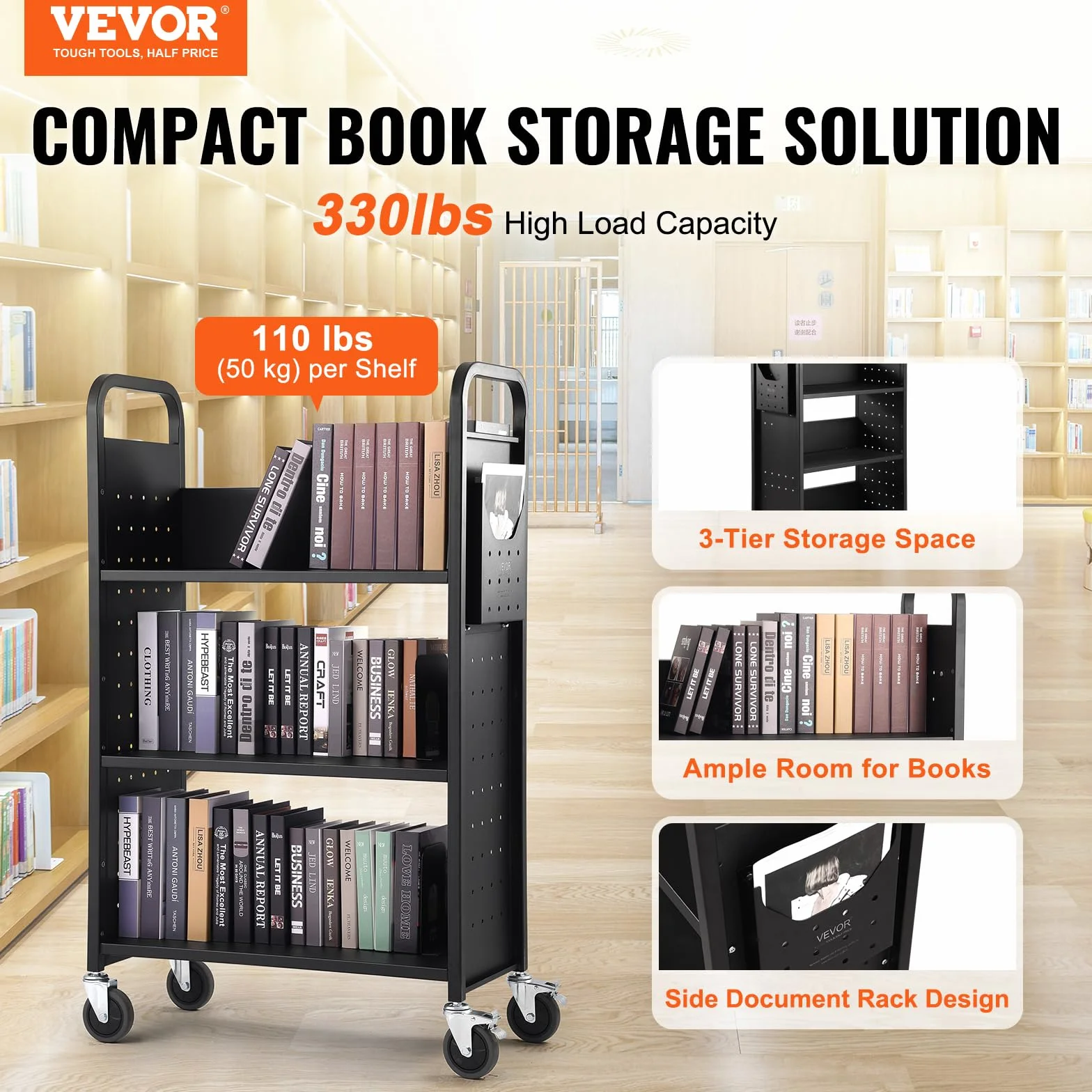 VEVOR Wózek na książki, wózek biblioteczny 150 kg, 79 cm x 38 cm x 125 cm, jednostronne płaskie półki w kształcie litery L z zamykanymi kółkami na półki domowe, do biura i szkoły, w kolorze czarnym