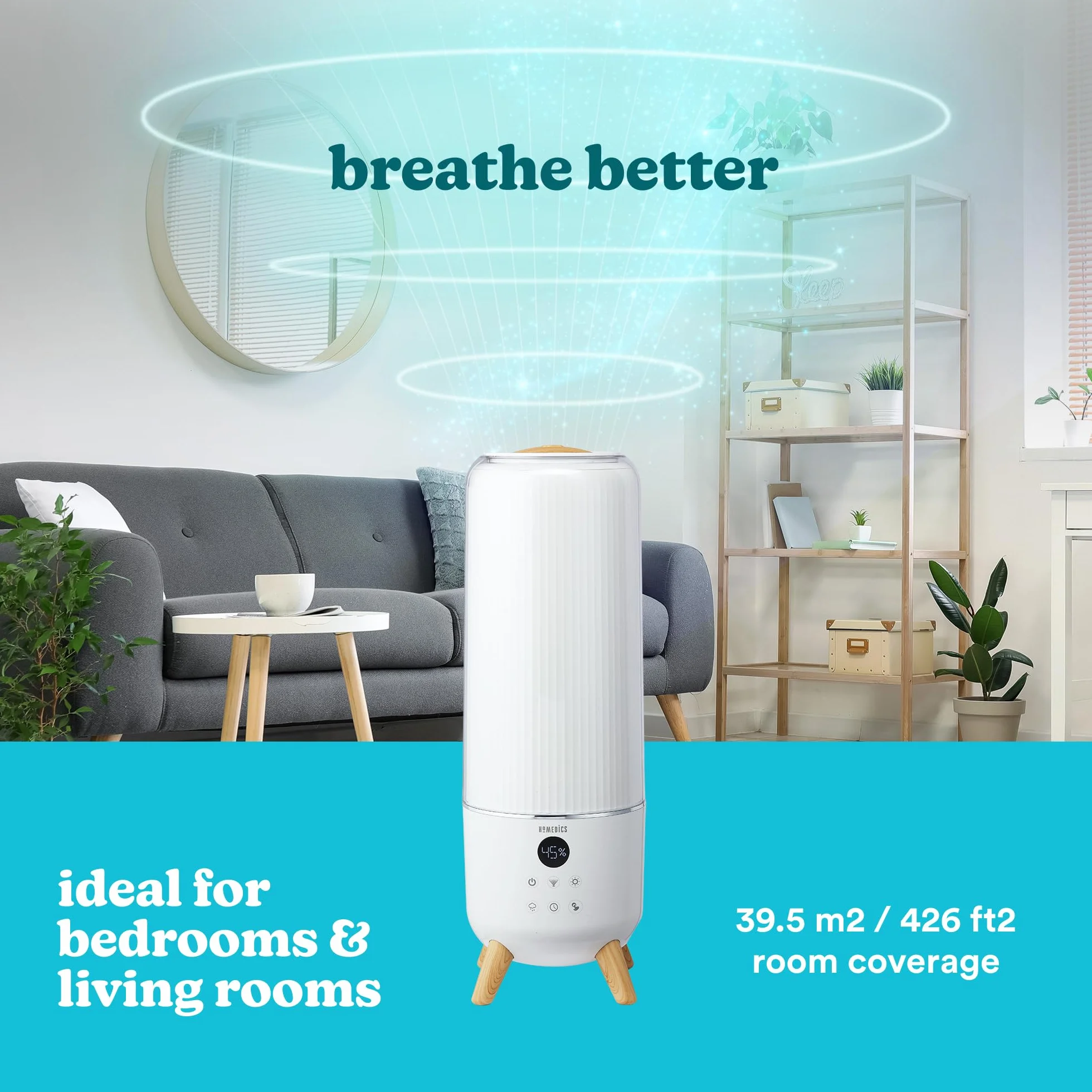 HoMedics TotalComfort Deluxe ultradźwiękowy nawilżacz powietrza, widoczna zimna mgiełka, wypełnienie od góry 5,6 l, mgiełka 360°, idealny do pomieszczeń rodzinnych i sypialni, olejek eteryczny
