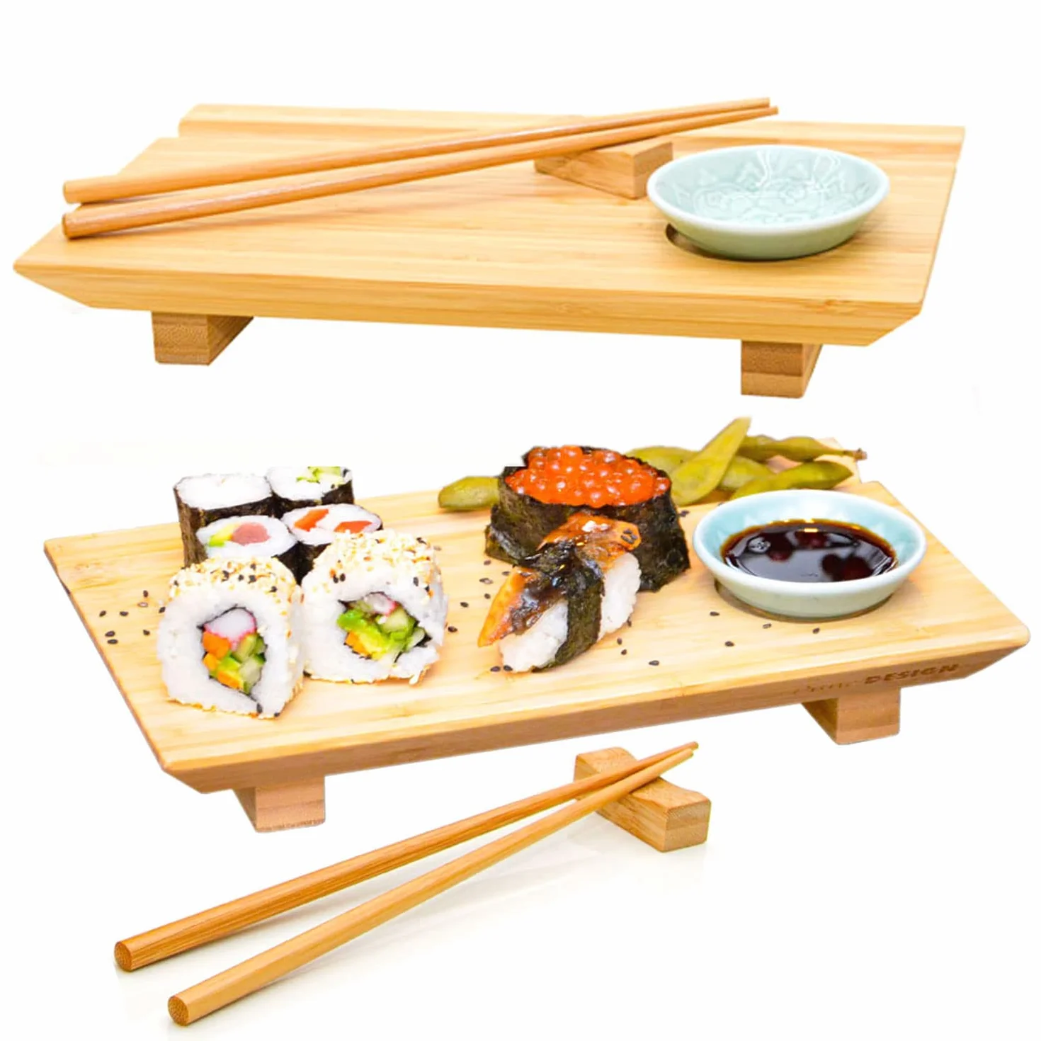DuneDesign Zestaw naczyń do sushi dla 2 osób bambusowa taca do serwowania 27x16x4