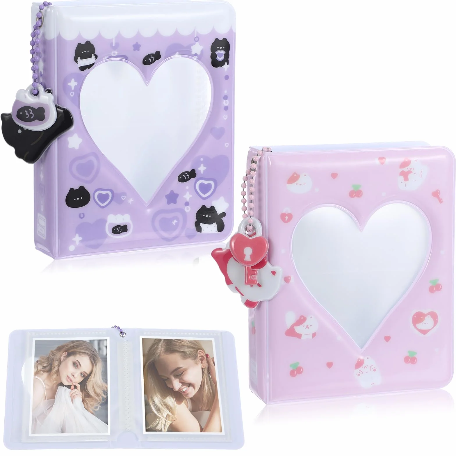 2 szt segregator na fotokarty Kpop z wisiorkiem 36 kieszeni, 3,4 cala mini album na zdjęcia Love Heart ażurowy uchwyt na karty fotograficzne z 5 uroczymi dekoracjami do standardowych fotokartek
