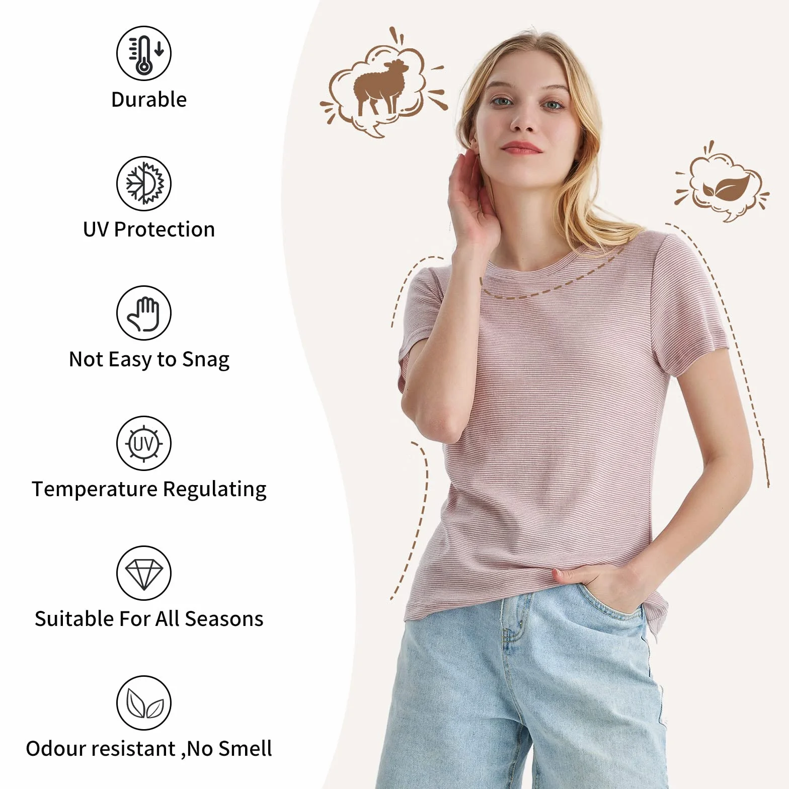 Merino Protect 100% Merino Wełna T-Shirt Damski Z Okrągłym Dekoltem Krótki Rękaw Odzież Podstawowa Antyodorowa Nadająca Się Do Podróży I Trekkingu T-Shirt