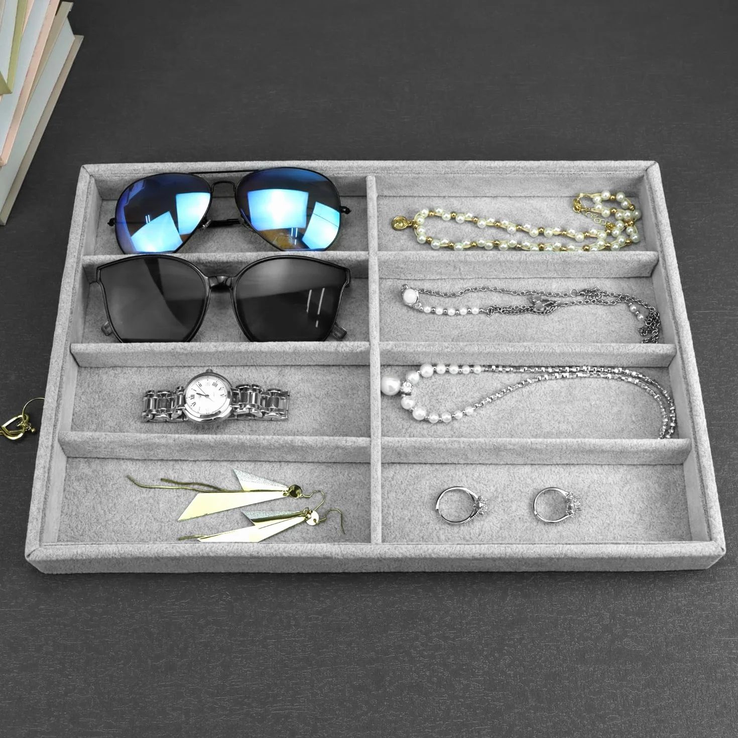 QWORK® Organizer na okulary, 8 siatek, aksamitna taca ekspozycyjna, możliwość układania w stosy i wszechstronny na okulary, zegarki i biżuterię