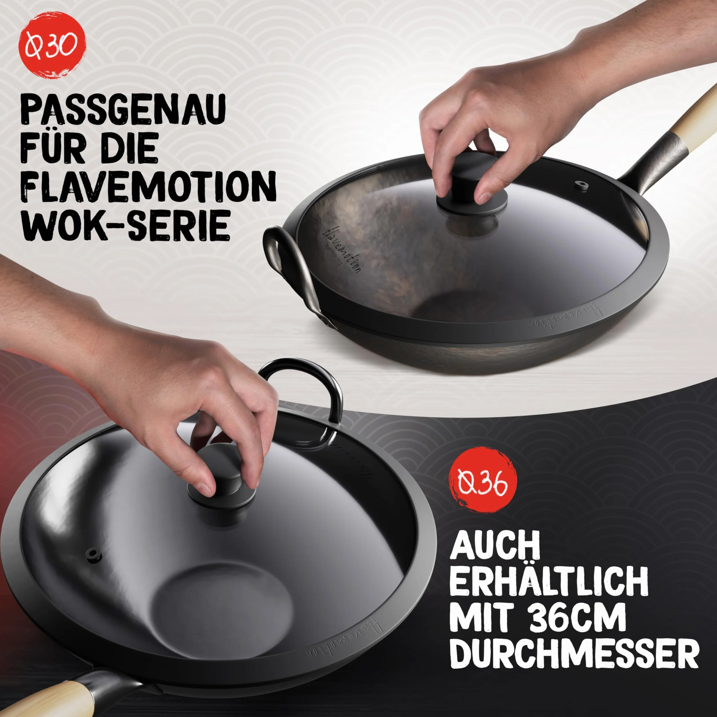 Flavemotion Pokrywa wok 30 cm szkło silikonowa krawędź wylot pary