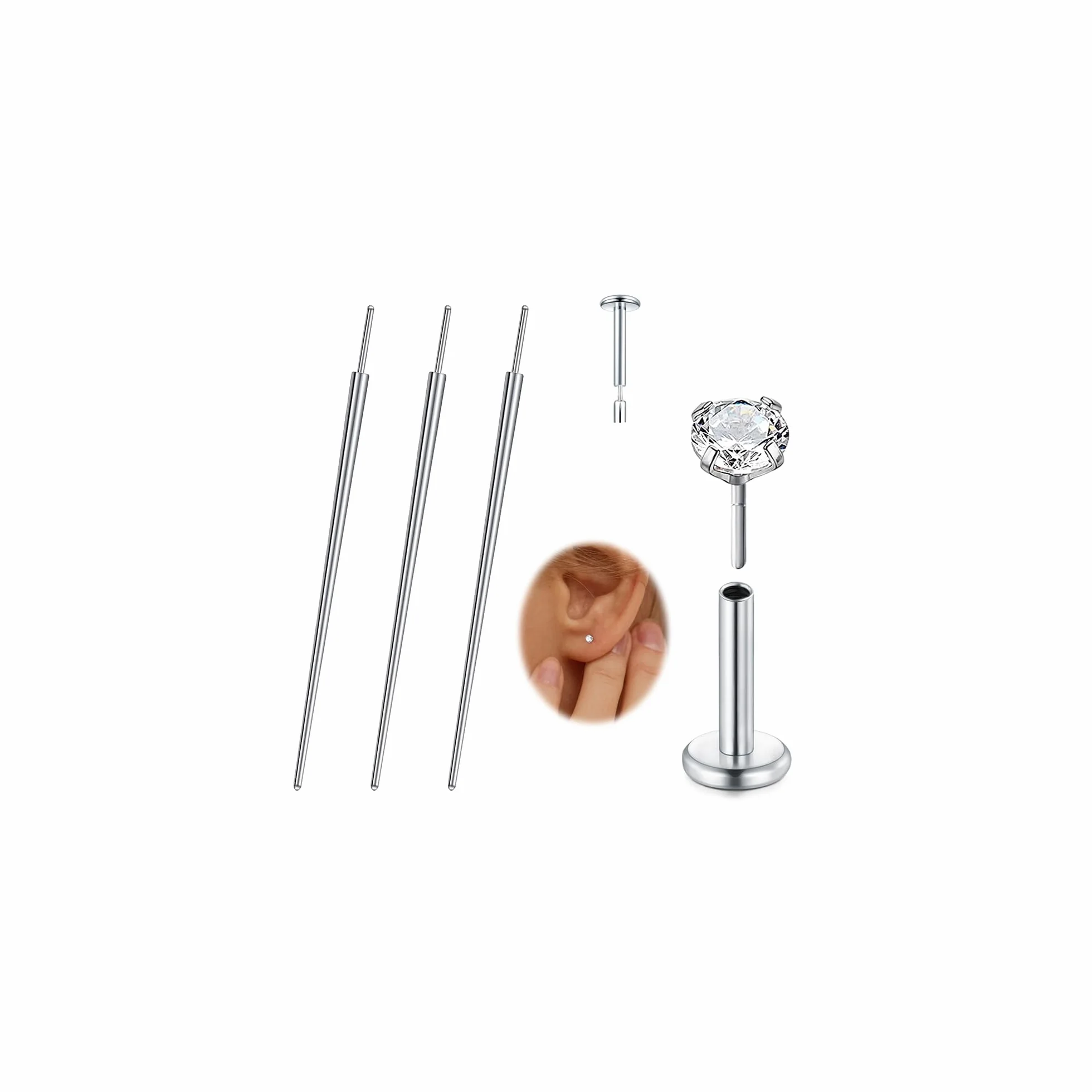 WillTen 4 sztuki piercingu, pomoc w wymianie, narzędzie do wstawiania, narzędzie do nawlekania ucha, zestaw do rozciągania uszu, 16 g, 18 g, 20 g