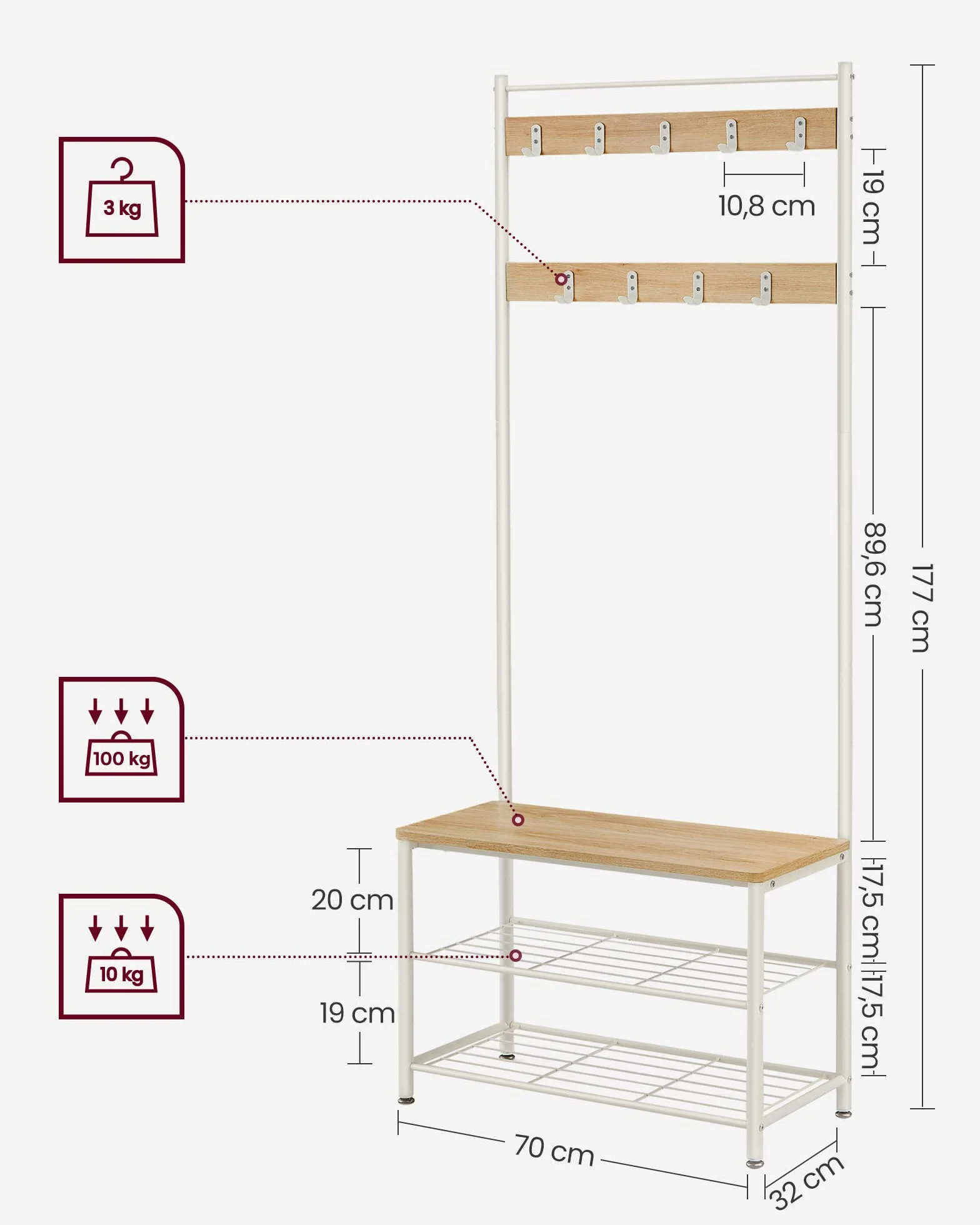 VASAGLE Wieszak na płaszcze z półką na buty, szafka do przedpokoju z ławką, 3 w 1, stalowa rama, do przedpokoju, 32 x 70 x 177 cm, nowoczesny styl, kolor dębu i kremu HSR041W09