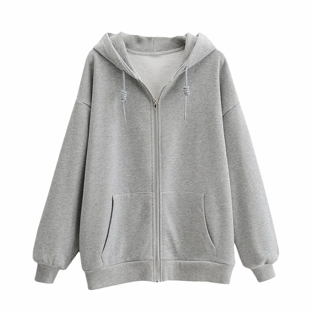Damska zapinana na zamek oversize bluza z kapturem solidna dzianinowa codzienna odzież wierzchnia bluzy bluza z kapturem szara M