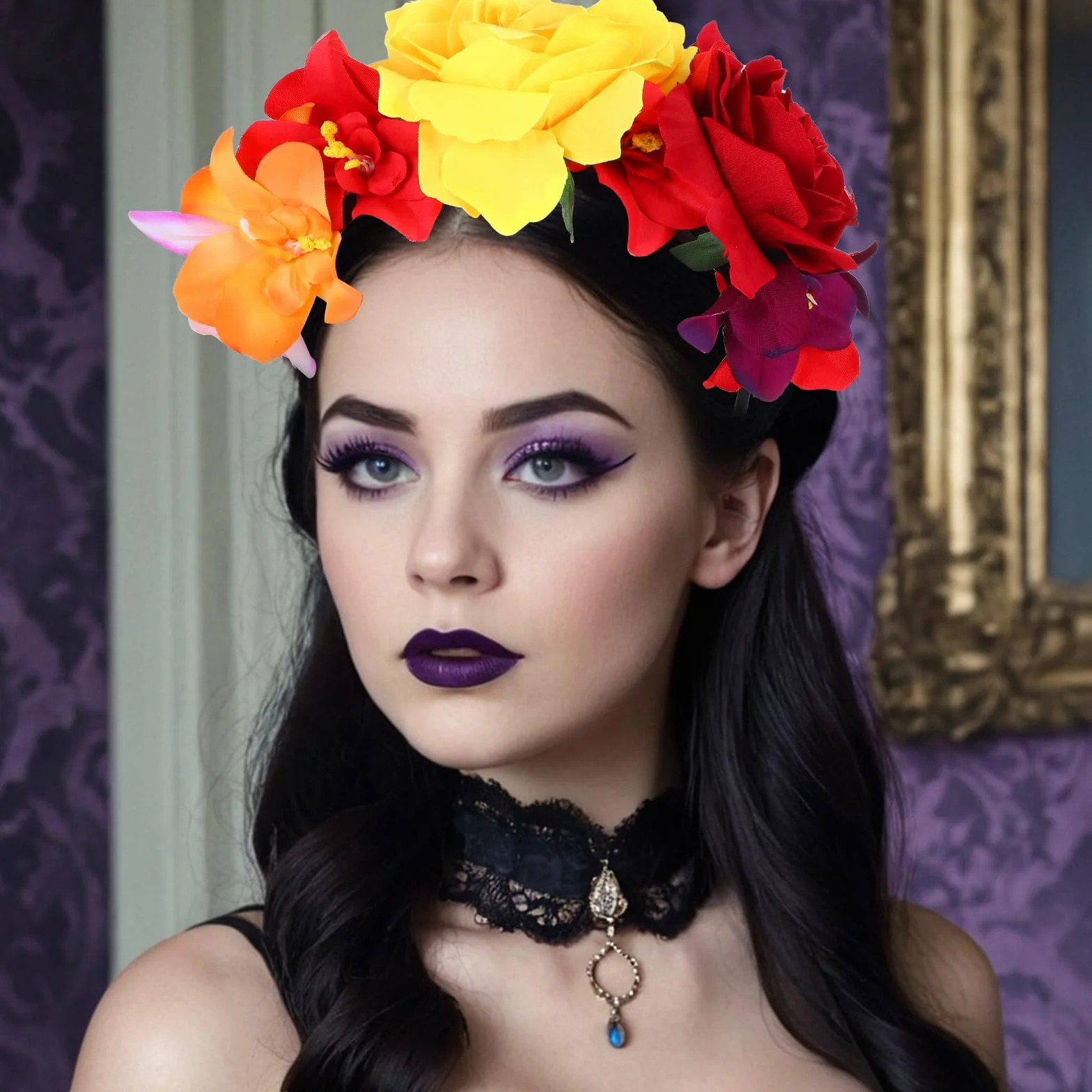 Amabro Opaski na czoło na Halloween, kwiatowy dzień zmarłych, meksykańskie kwiaty i korona róż, nakrycie głowy, Halloween, Cosplay, ozdoba głowy, kostium wianek do włosów, dekoracja dla kobiet i