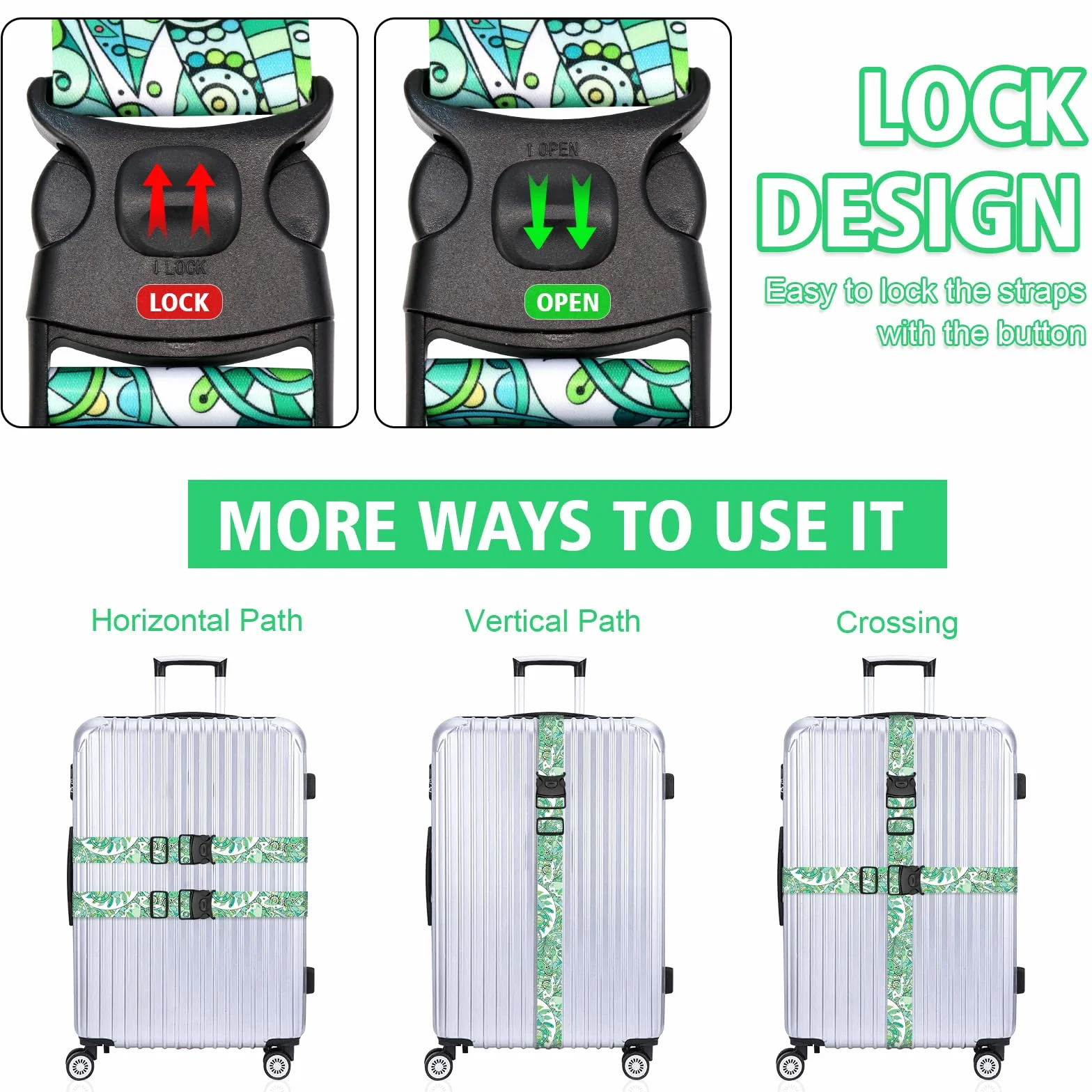 MOTONG 2PCS Paski do waliz, Pasy do waliz podróżnych, Personalizowane, Regulowane, 200 cm, Łatwe identyfikowanie pasków do bagażu, Do podróży służbowych, Akcesoria podróżne (Zielony)