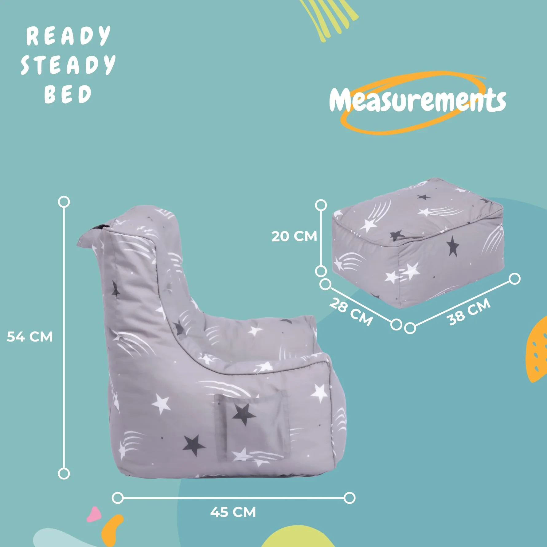 Ready Steady Bed worek do siedzenia dla dzieci z podnóżkiem, miękka sofa do pokoju zabaw, ergonomiczny fotel dla malucha