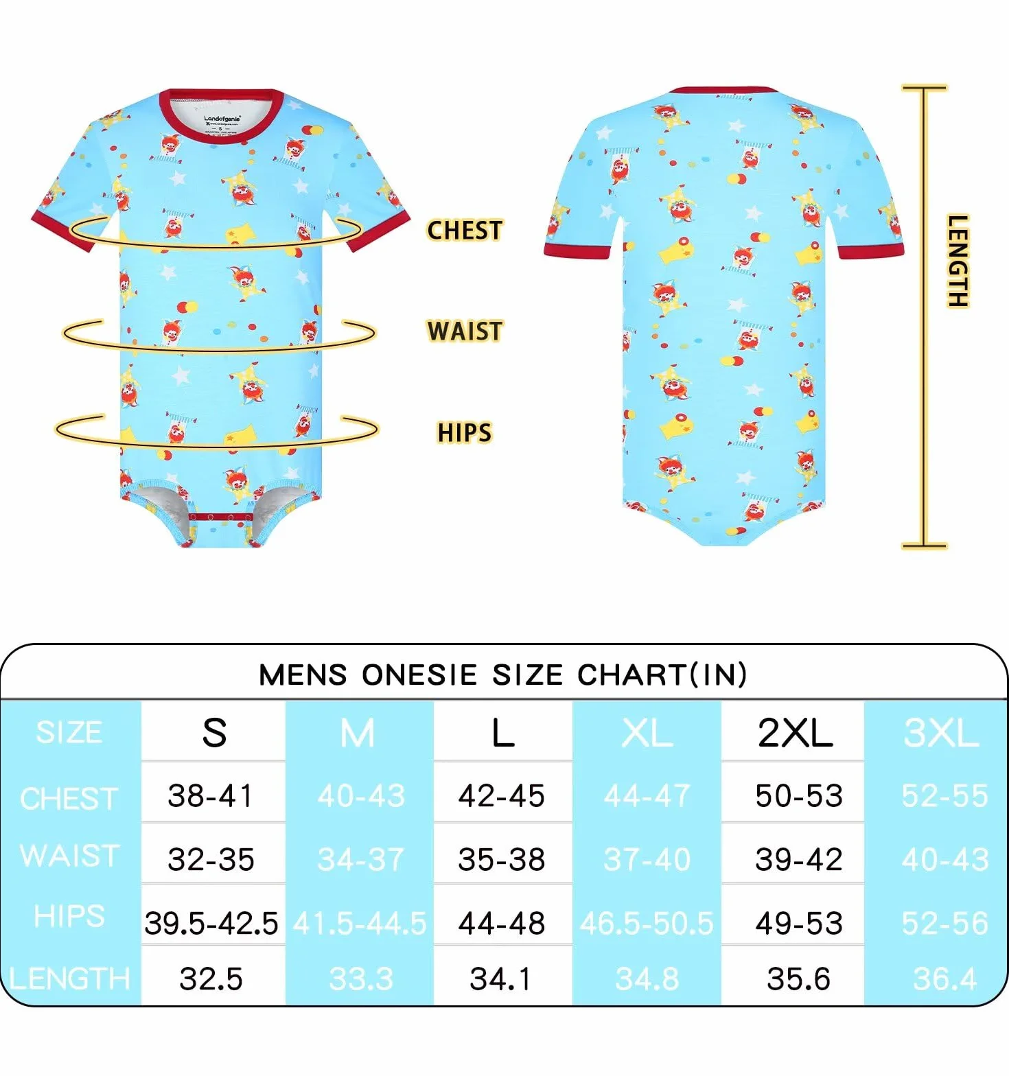 Landofgenie Męski Body Onesie Pidżama Krótki Rękaw Strampler dla Mężczyzn Body z Nadrukiem Klauna
