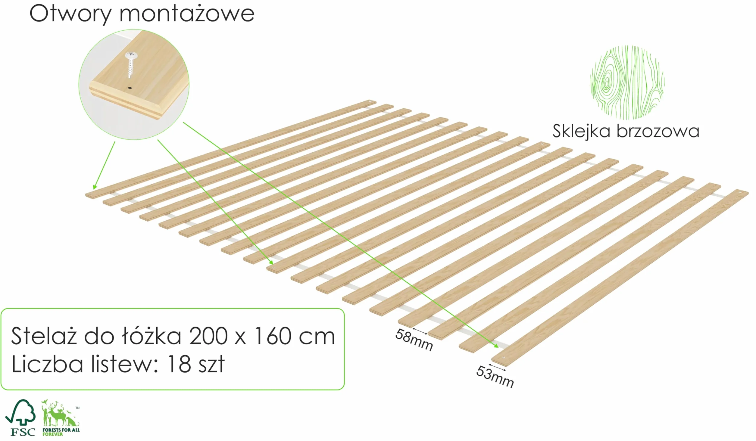 Stelaż do łóżka pod materac 160x200 cm 18 szt. listwy płaskie nośność 300kg