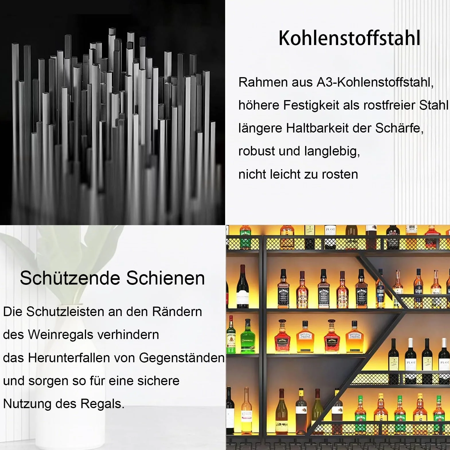 Metalowy regał na wino z oświetleniem LED i modułowym uchwytem na butelkę wina do domu