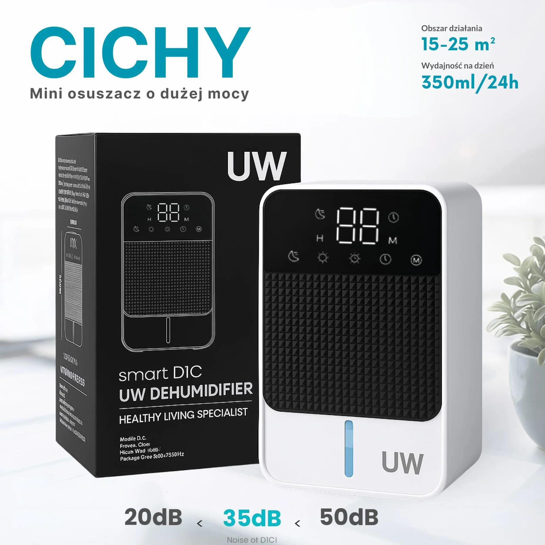 Osuszacz powietrza, elektryczny osuszacz powietrza UW Smart D1C, cichy i elektryczny osuszacz powietrza do pomieszczeń do 20 m², 350 ml/dzień (1,2 l), tryb nocny, energooszczędny oczyszczacz powietrza