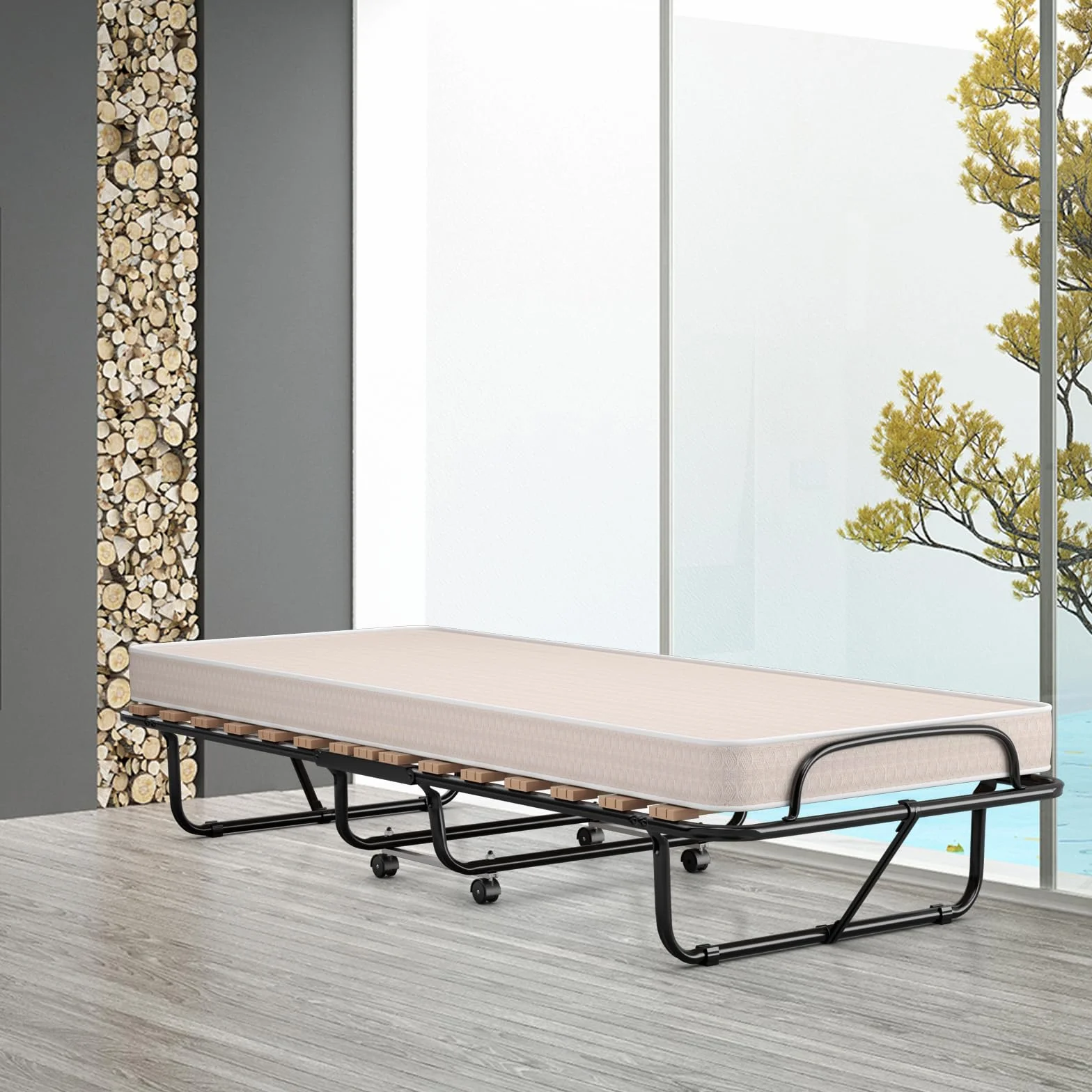 COSTWAY Łóżko dla gości 80x190 cm składane z materacem piankowym memory metalowe do 130 kg na kółkach beżowe