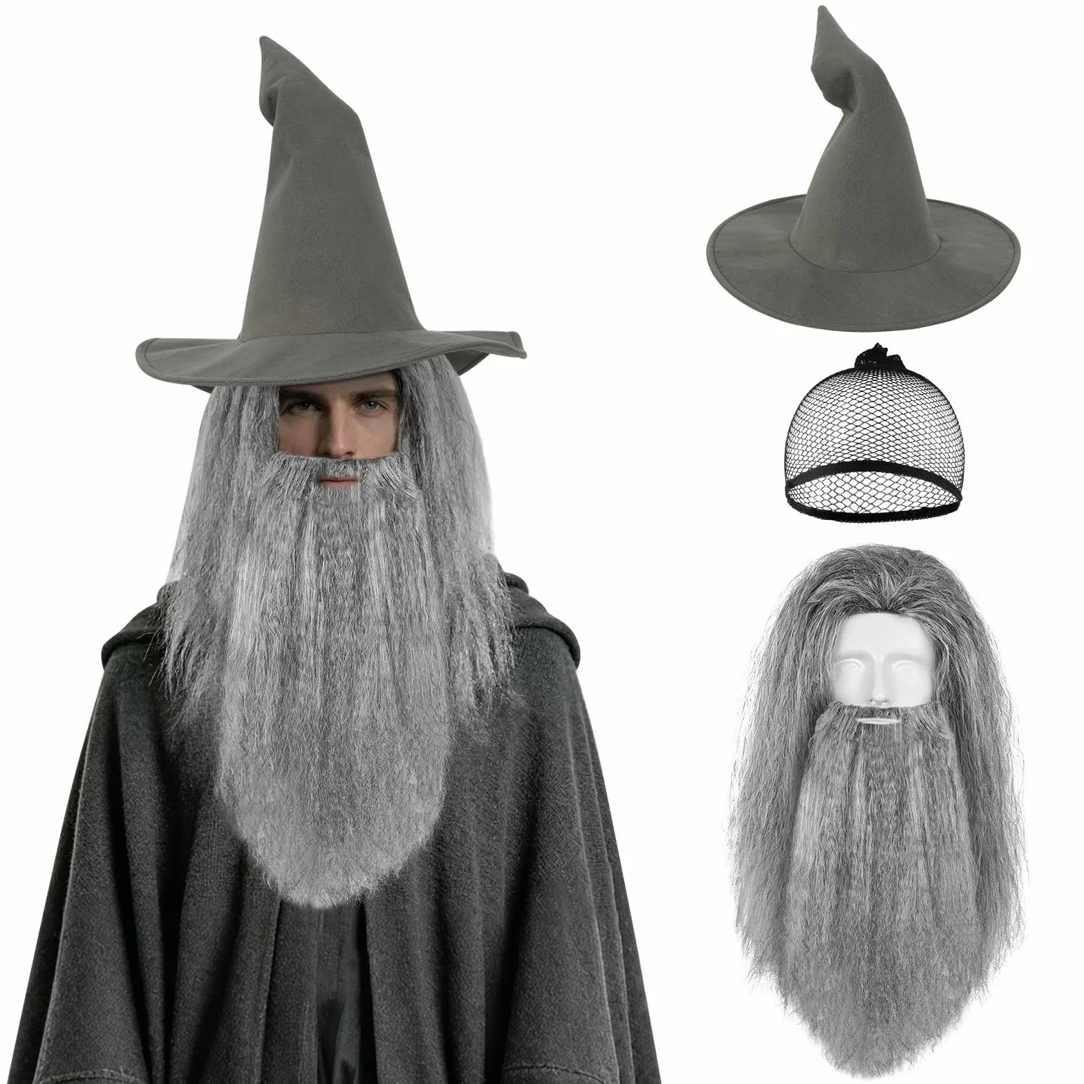 Kostium średniowiecznego czarodzieja, kostium czarnoksiężnika, kostium dorosłego szarego czarodzieja, zawiera tunikę, kapelusz i pasek, idealny na Halloween, karnawał i cosplay