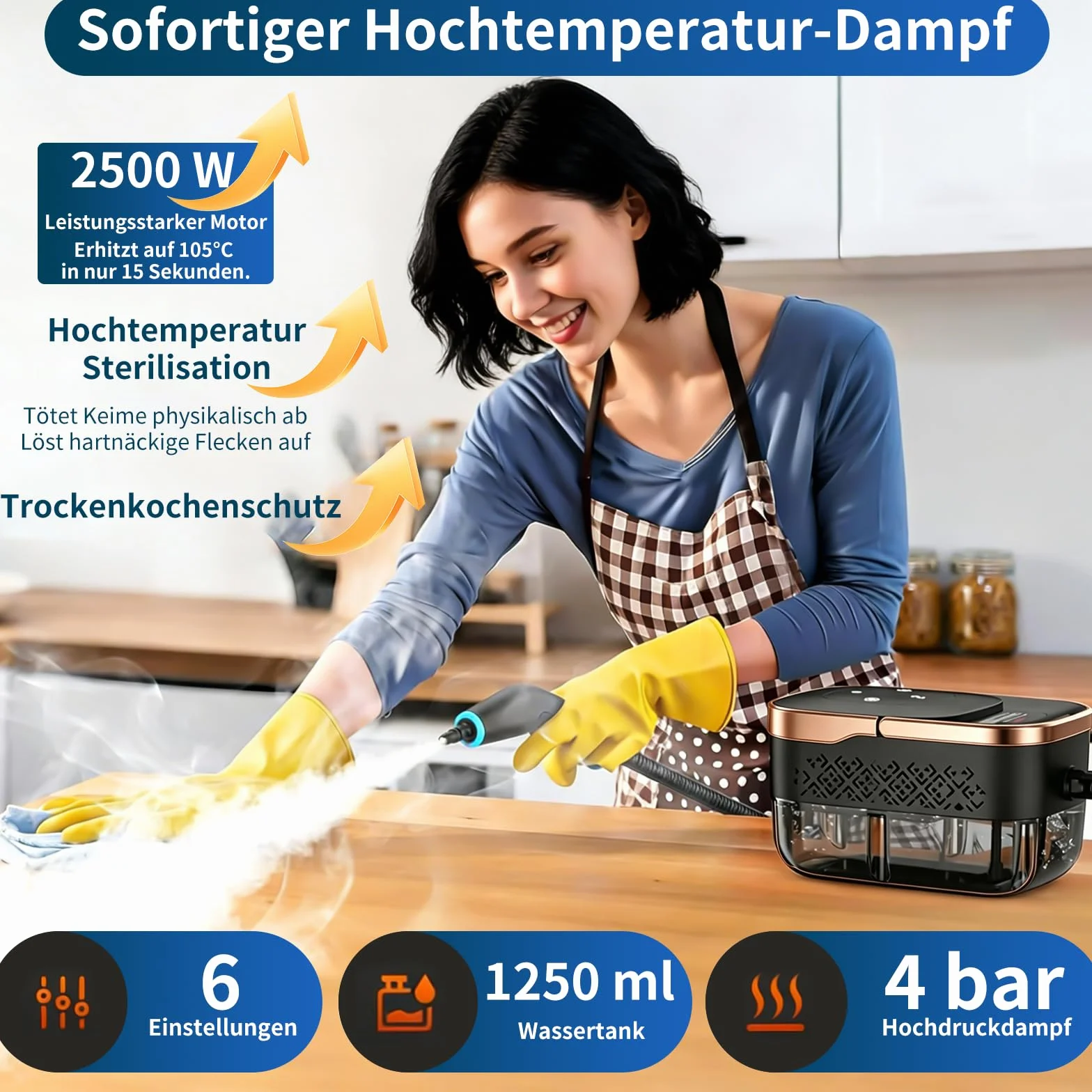 Myjka parowa, 2500W Ręczna Myjka Parowa z 6 Prędkościami Regulacji, 8 Rodzajów Dysz, 1250ml Zbiornik, 15 s Czas Podgrzewania Przenośna Myjka Parowa Wysokociśnieniowa do Samochodu Domu Biura (Zwart 2)
