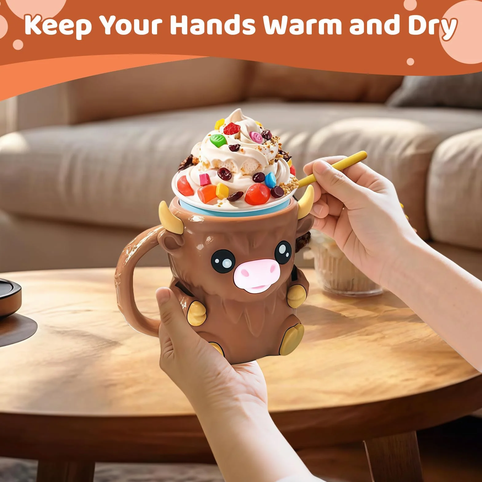Yamobi Cute Highland Cow Ice Pint Holder, uchwyt na pintę lodu z łyżeczką, 473 ml zapobiegający zamarzaniu rąk kubek na lody z otworem na łyżkę, tajna szuflada na przekąski