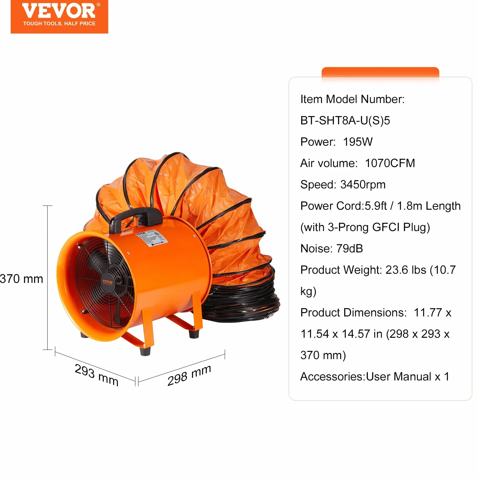 EVOR wentylator budowlany 195 W AC 2900 obr./min, 504 l/s (1070 CFM), wentylator osiowy z wężem 5 m, dmuchawa osiowa, poziom hałasu 79 dB