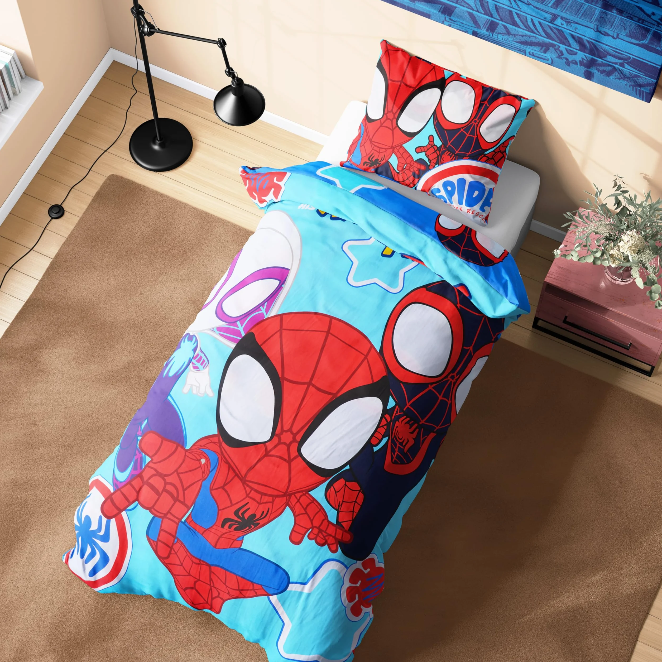 Marvel Spiderman poszewka na kołdrę i poszewka na poduszkę, zestaw pościeli dla dzieci i nastolatków, akcesoria do sypialni, rozmiar pojedynczy (niebieski pająk)