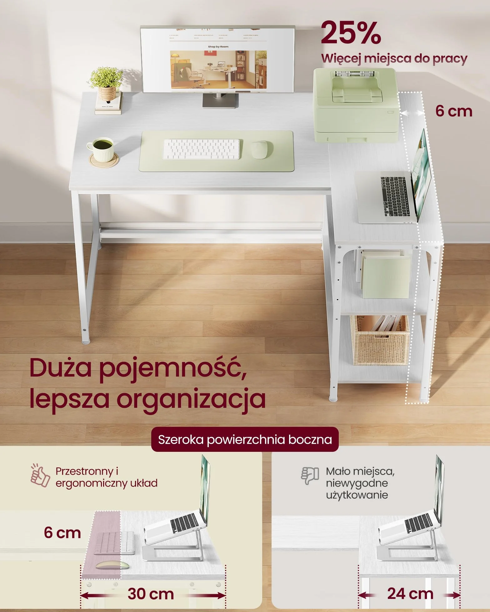 VASAGLE Biurko narożne w kształcie litery L 110 x 80 cm klon biały LWD135WF01