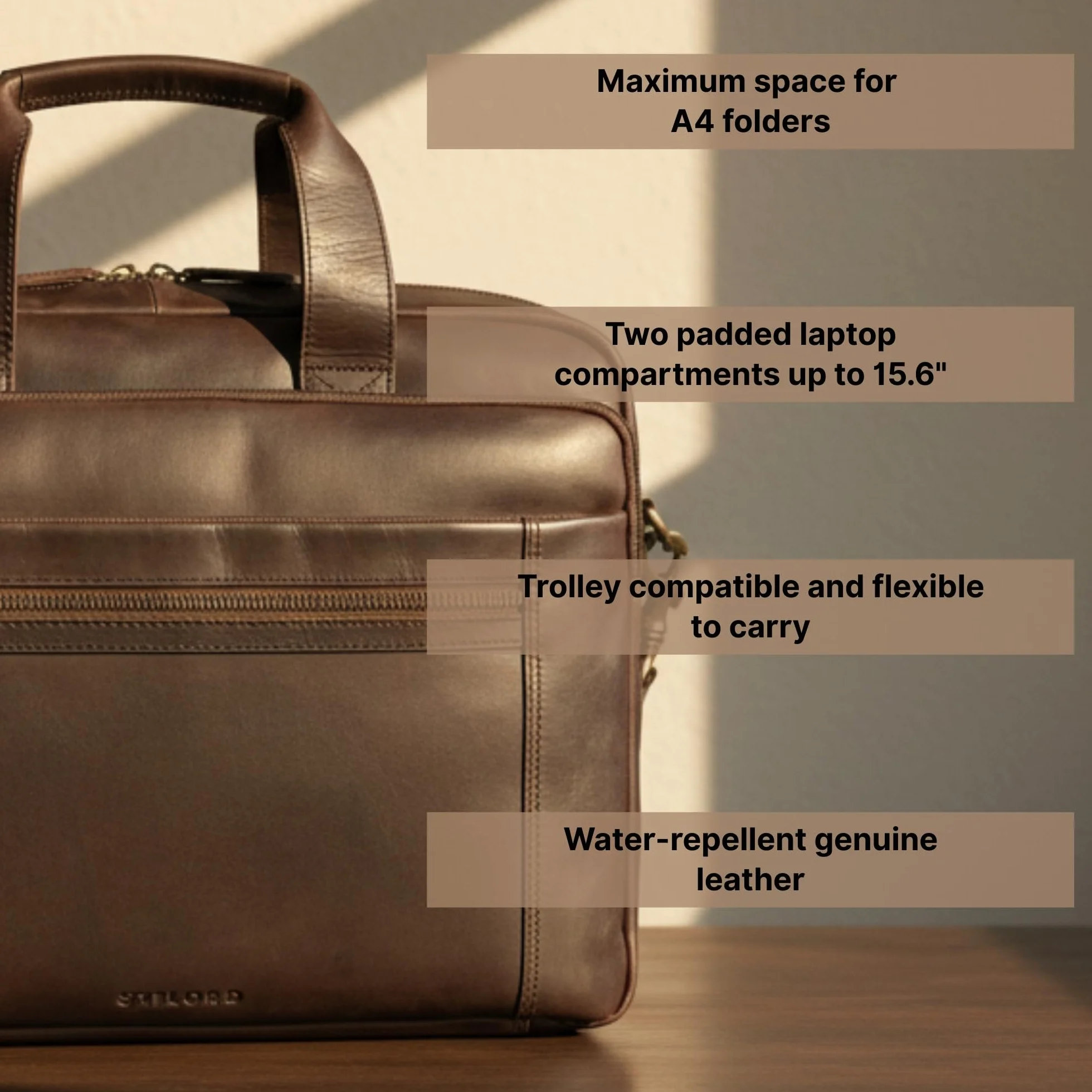 STILORD "Alberto" Duża Torba Na Laptopa 15,6" Skórzana Aktówka Męska Torba Na Dokumenty A4 Elegancka Teczka Z Uchwyt Na Trolley Skóra Naturalna Kolor:maraska - brązowy