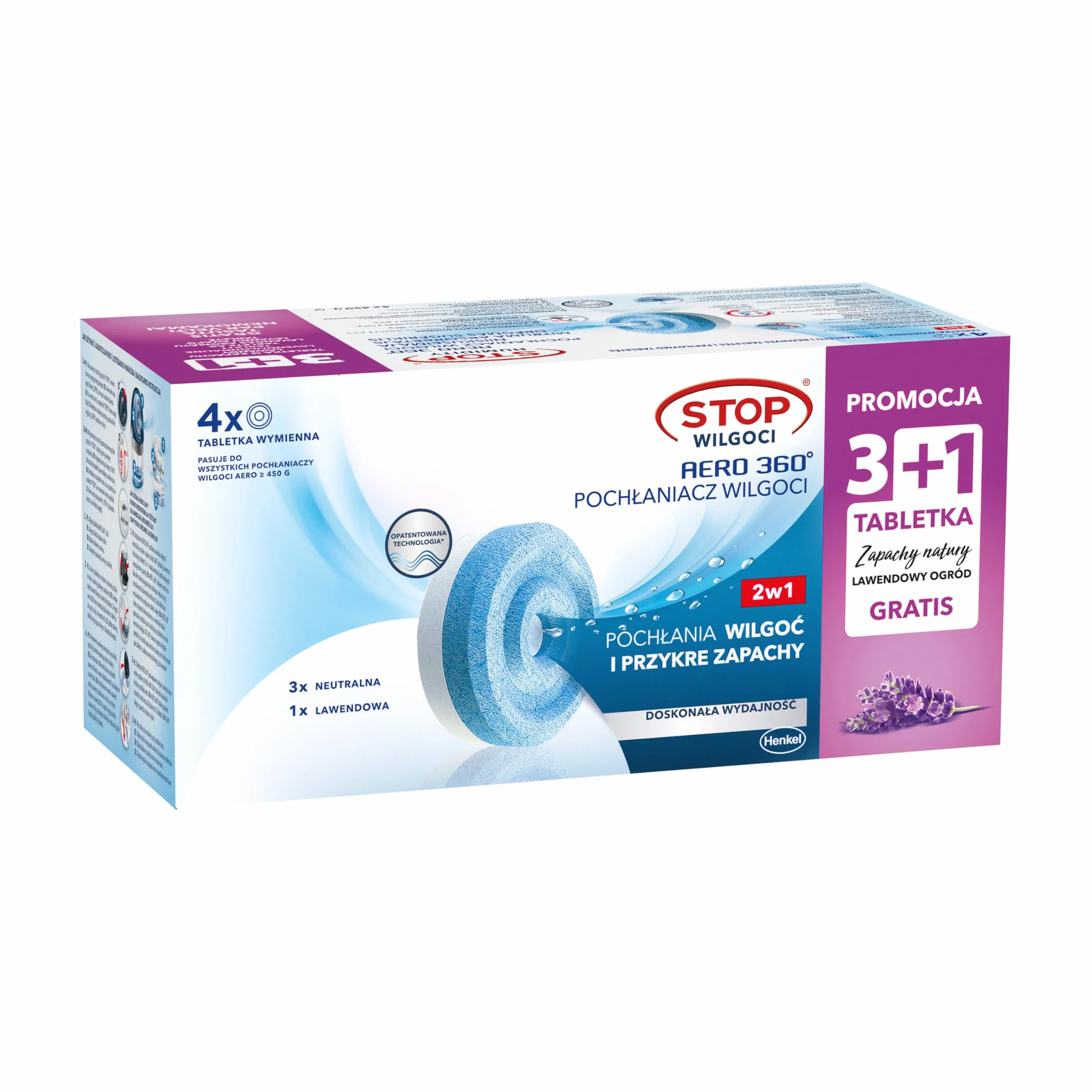 Ceresit STOP WILGOCI AERO 360°, 1 lawendowy + 3 neutralne wkłady do pochłaniacza wilgoci, nowoczesne tabletki pochłaniające wilgoć, chłonny neutralizator zapachów, 4x450g