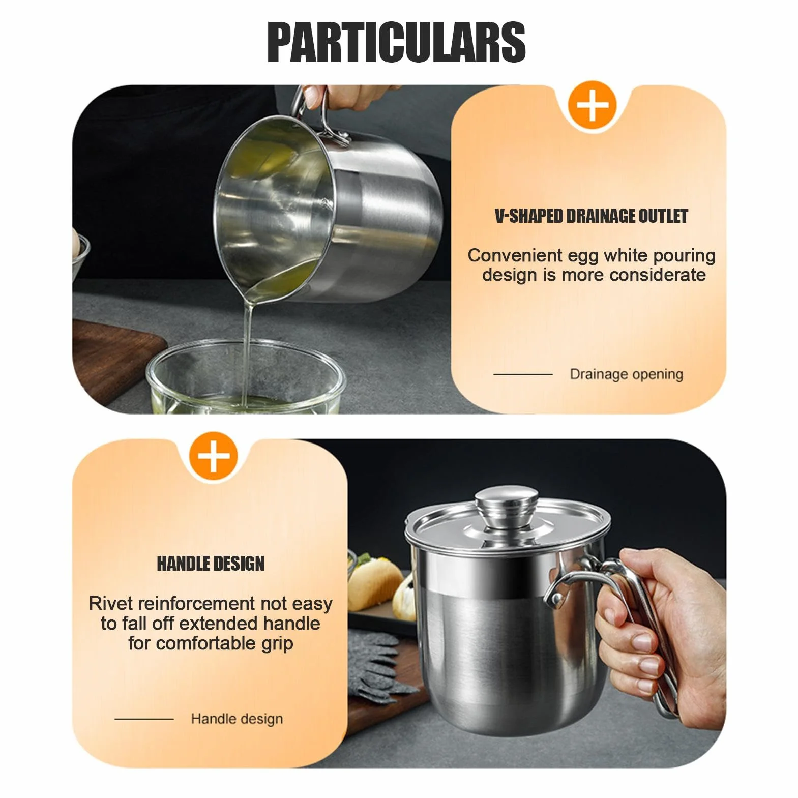 Separator jajek, kubek ze stali nierdzewnej, duża pojemność, trwały, z pokrywką i uchwytem, wiele przegródek na jajka do pieczenia, ciasta, robienia śmietany, 1 sztuka, łatwy do czyszczenia