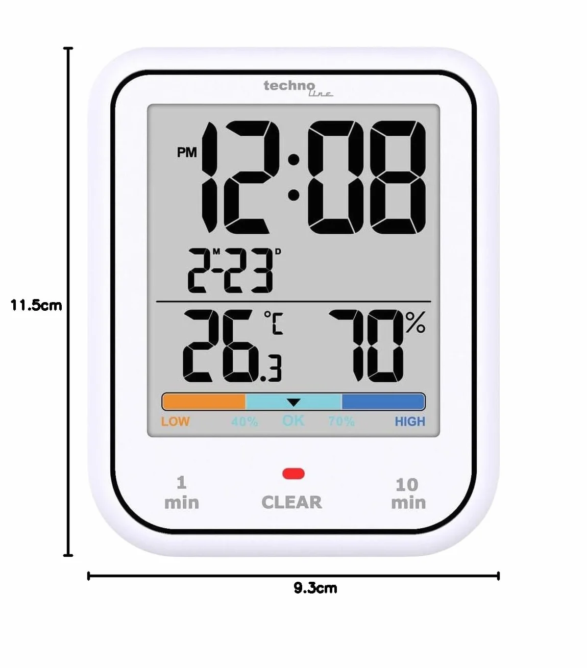 Technoline WT380 cyfrowy zegar łazienkowy z higrometrem i termometrem | wodoszczelny | timer prysznicowy | funkcja odliczania | duży wyświetlacz LCD | ze wskaźnikiem daty | biały