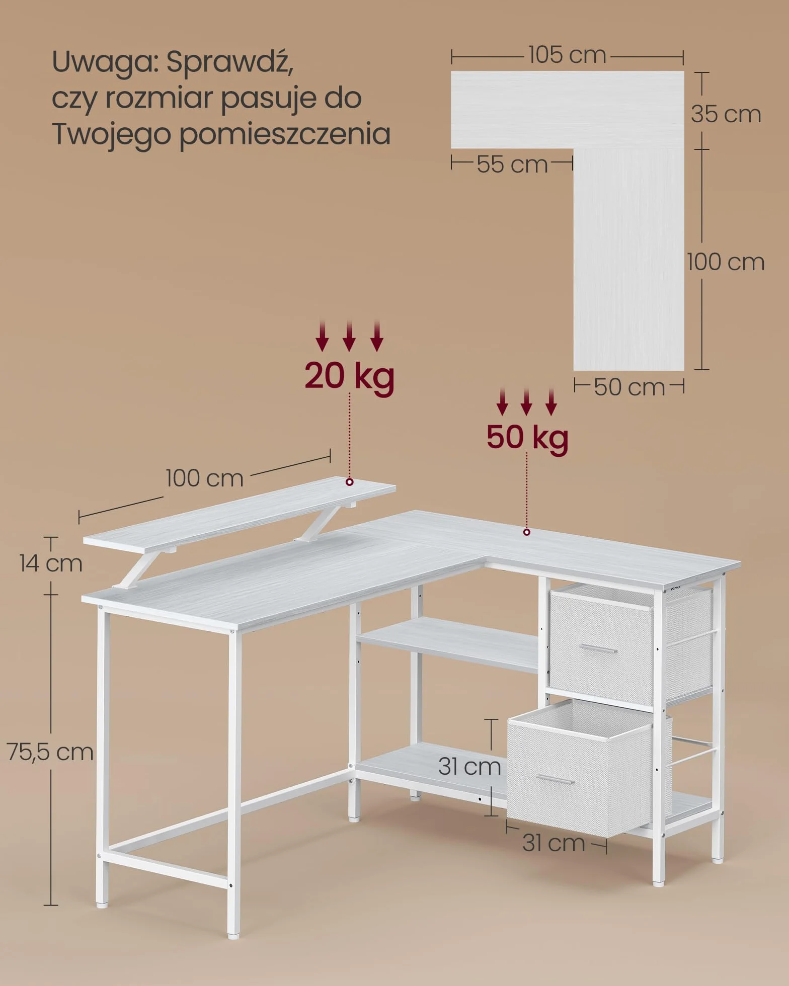 VASAGLE Biurko komputerowe narożne L 135 x 105 cm klon biały LWD098W01
