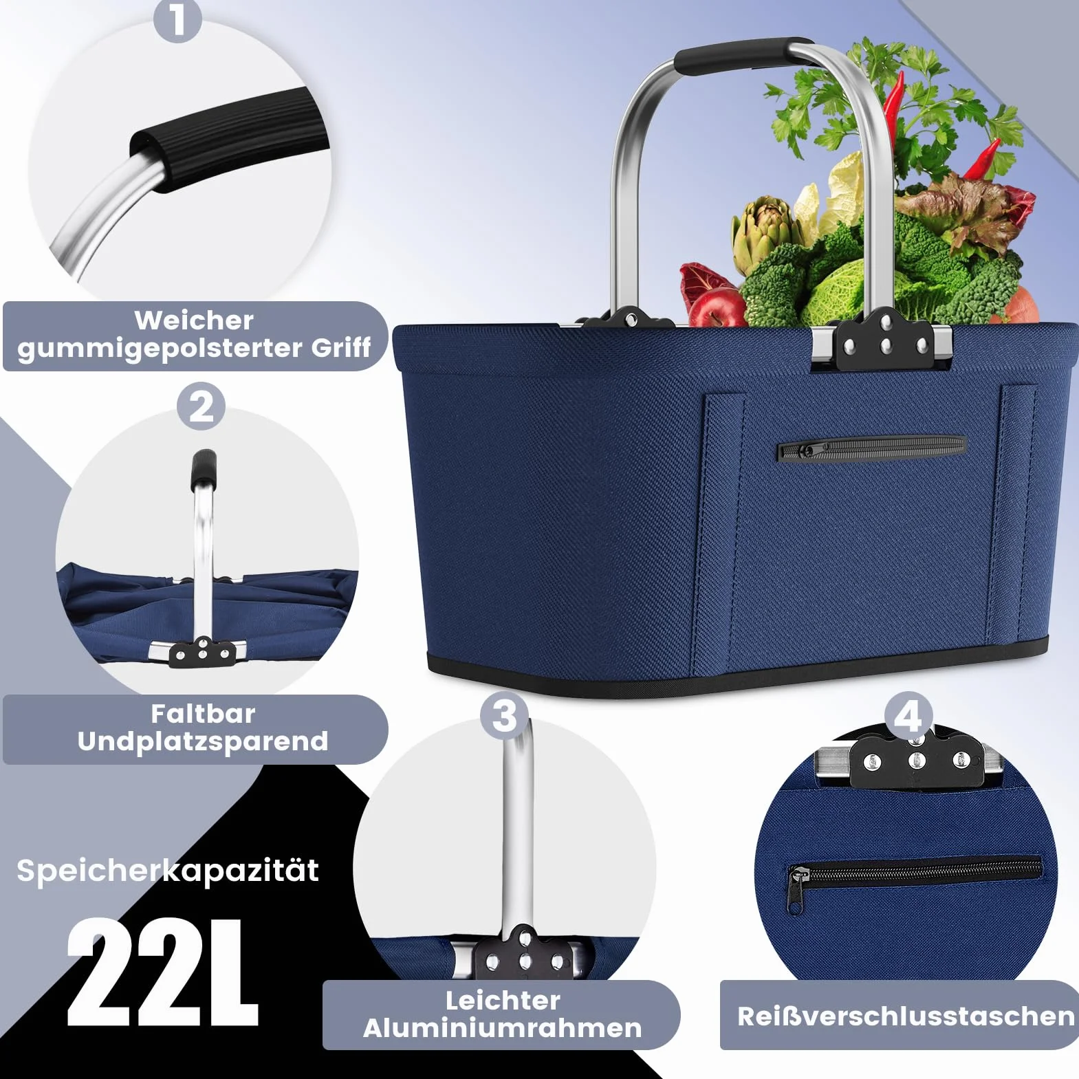 Yeabett Składany kosz na zakupy 43x27x23 cm 22 l niebieski