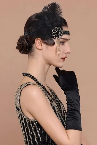 BABEYOND Flapper opaska na czoło Gatsby z lat 20. XX wieku - ozdoba głowy z piórami na wesele i festiwal, damskie akcesoria vintage, czarno-złote