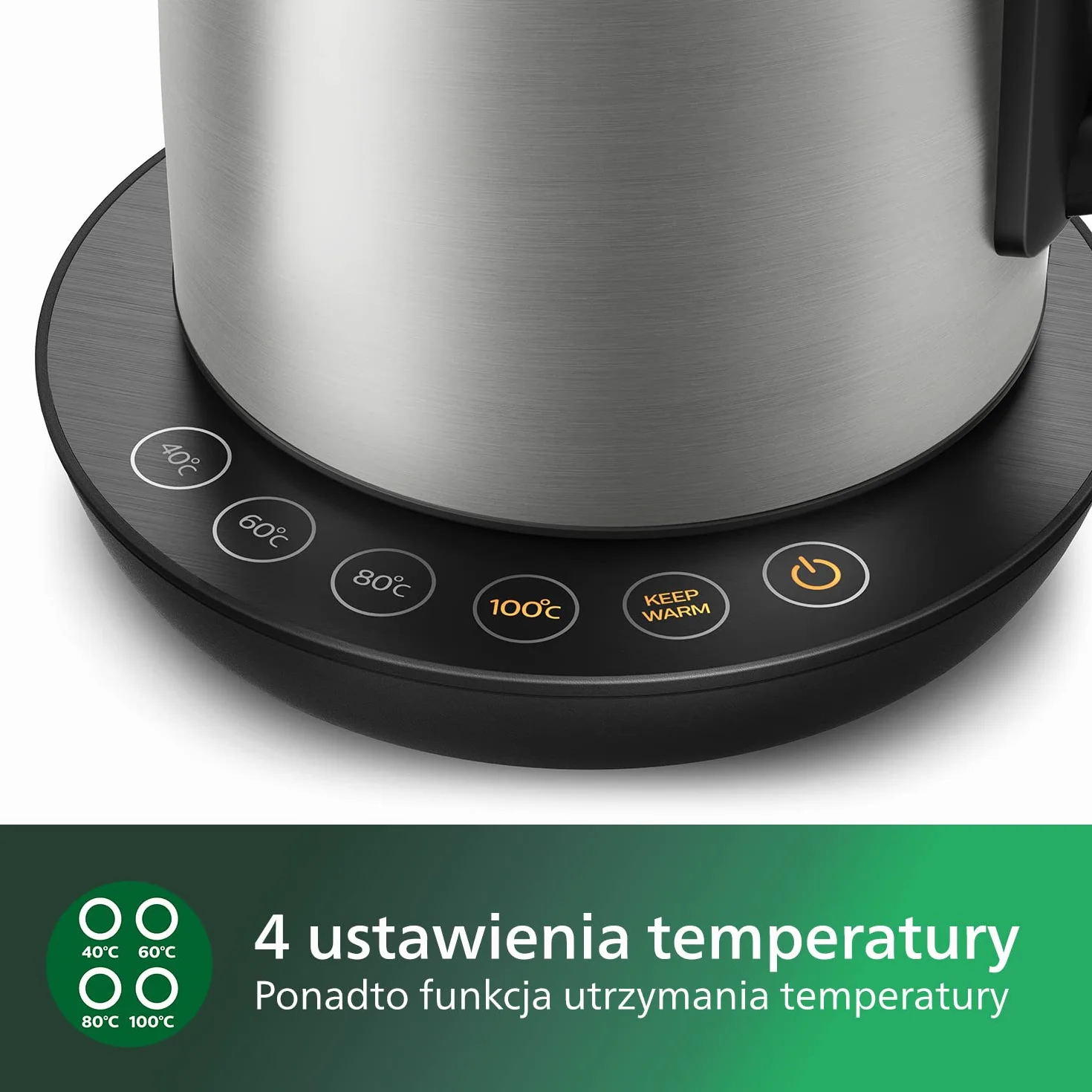 Philips Czajnik elektryczny - 1,7 l, Regulacja temperatury, Funkcja utrzymywania ciepła, Pokrywka z mechanizmem sprężynowym, Wskaźnik świetlny, Stal szlachetna, Obrotowa podstawa (HD9359/90)