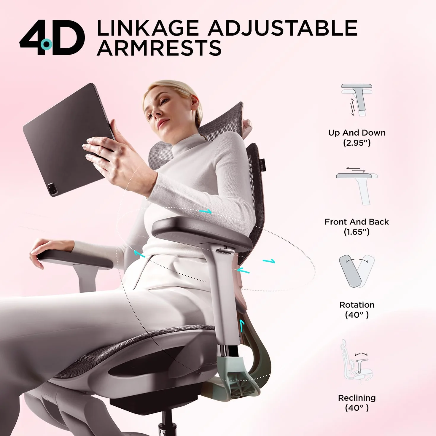 Hbada E3 Pro Ergonomiczny Fotel Biurowy z Dynamicznym Wsparciem Lędźwiowym 3-Strefowym, Regulowany Zagłówek 4D, Podłokietniki 4D, Podnóżek, Różowy