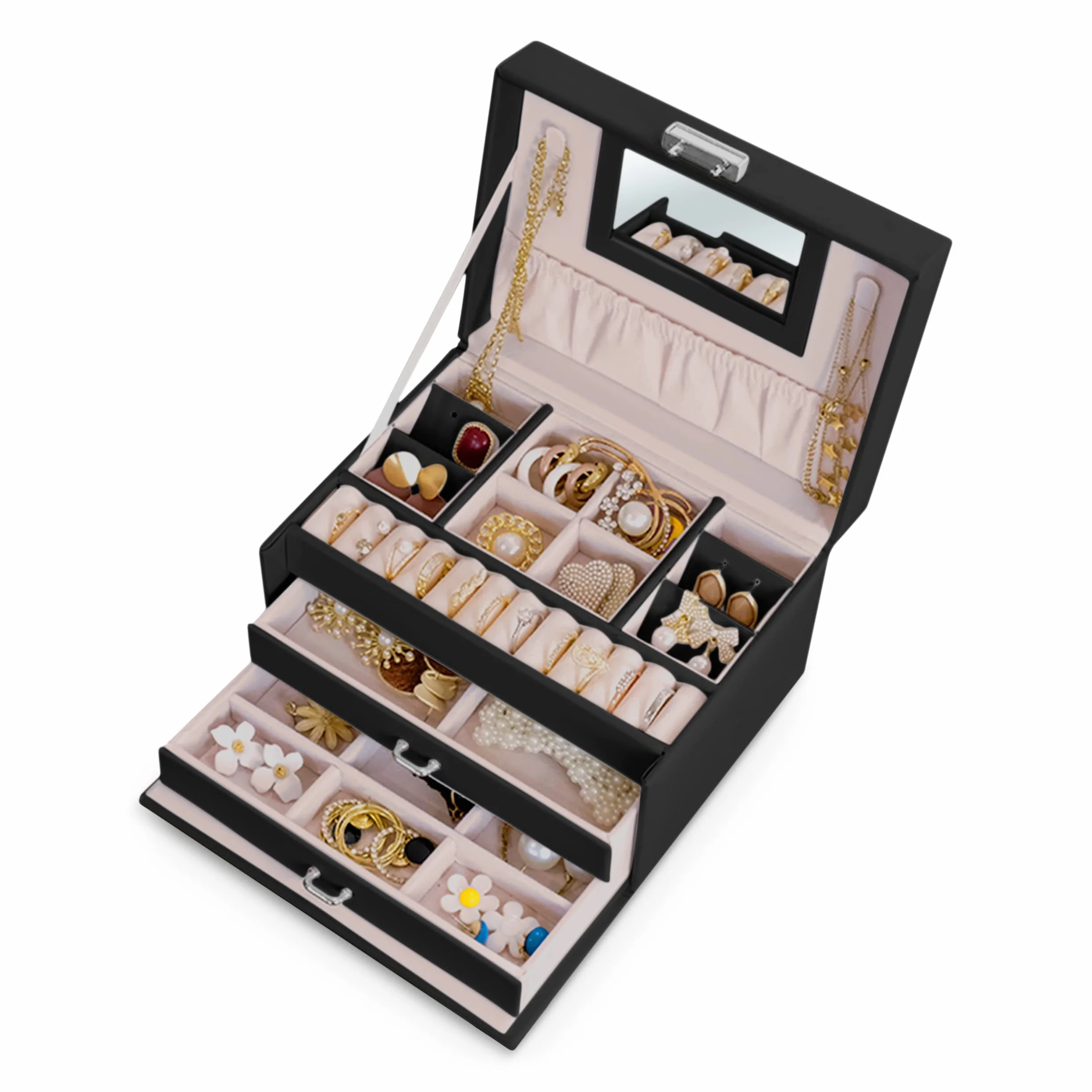 Szkatułka Na Biżuterię Kuferek Z Lusterkiem Organizer Do Przechowywania Biżuterii 18,6 x 14,8 x 11 cm Czarny