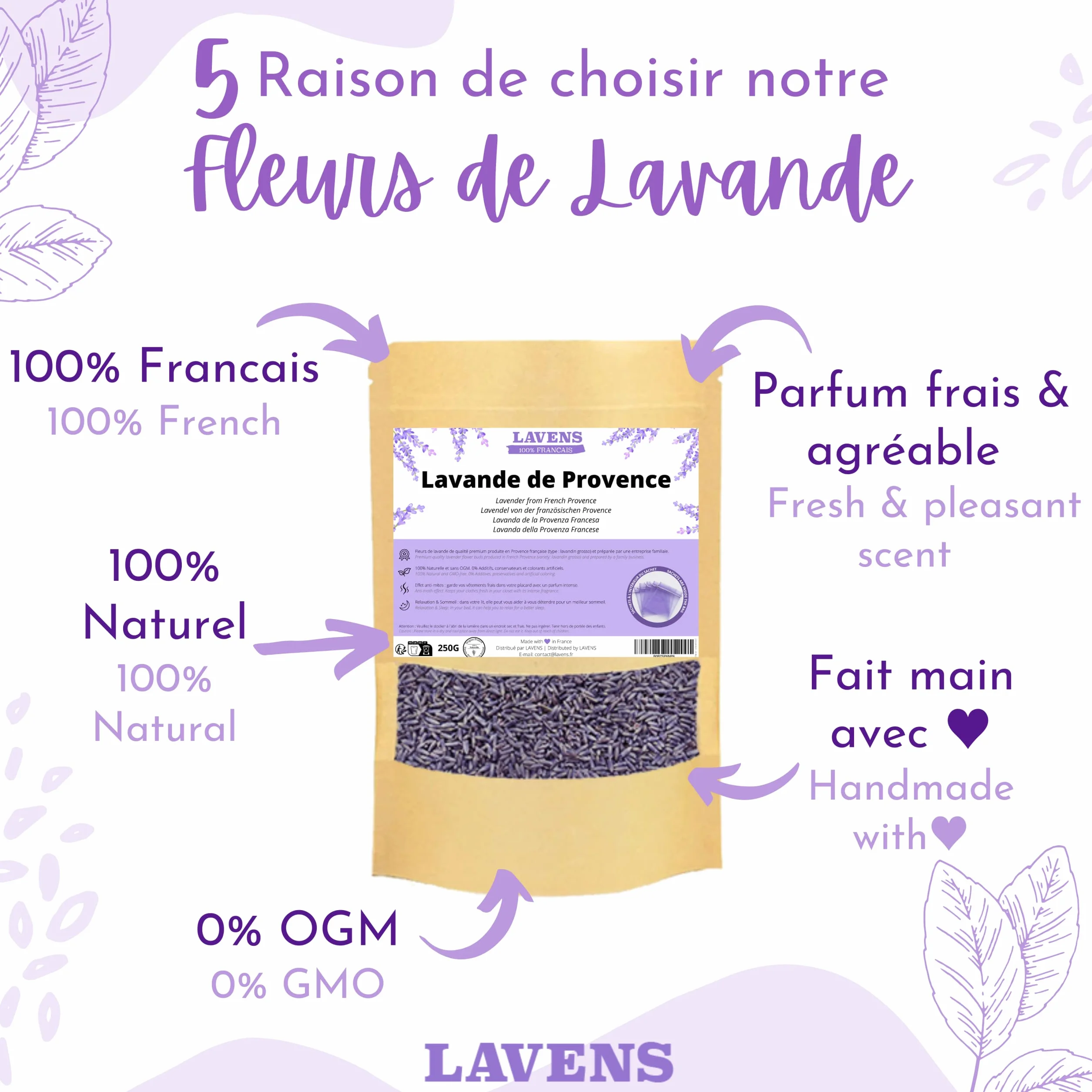 LAVENS Suszone kwiaty lawendy | 100% francuski | 250 g + 10 woreczków z organzy gratis suszona lawenda, idealna do pachnących woreczków lawendowych i potpourri. Jakość premium i intensywny zapach.