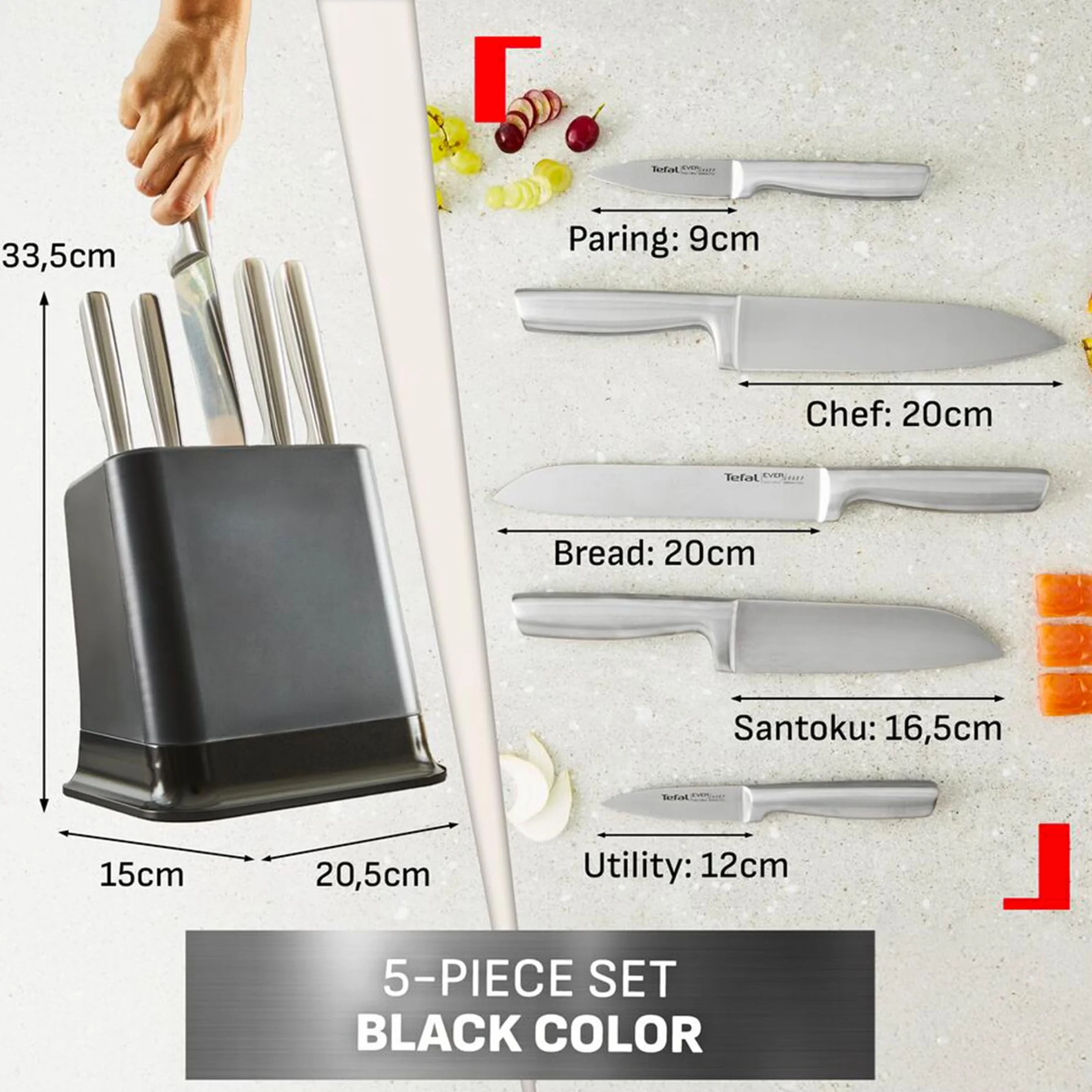 Tefal K2976S EverSharp Pro 5-częściowy Zestaw noży z samoostrzącym się blokiem, stal nierdzewna, czarny