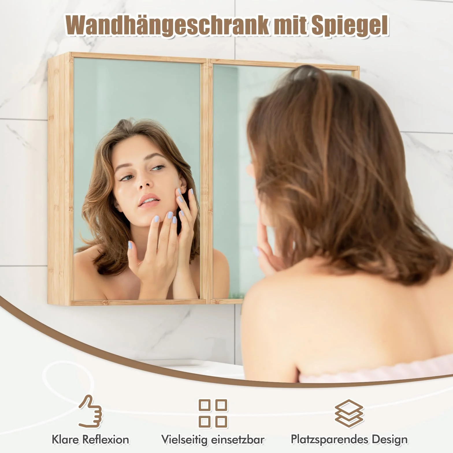 COSTWAY Bambusowa szafka łazienkowa z lustrem 2 drzwi 2 półki wisząca naturalny