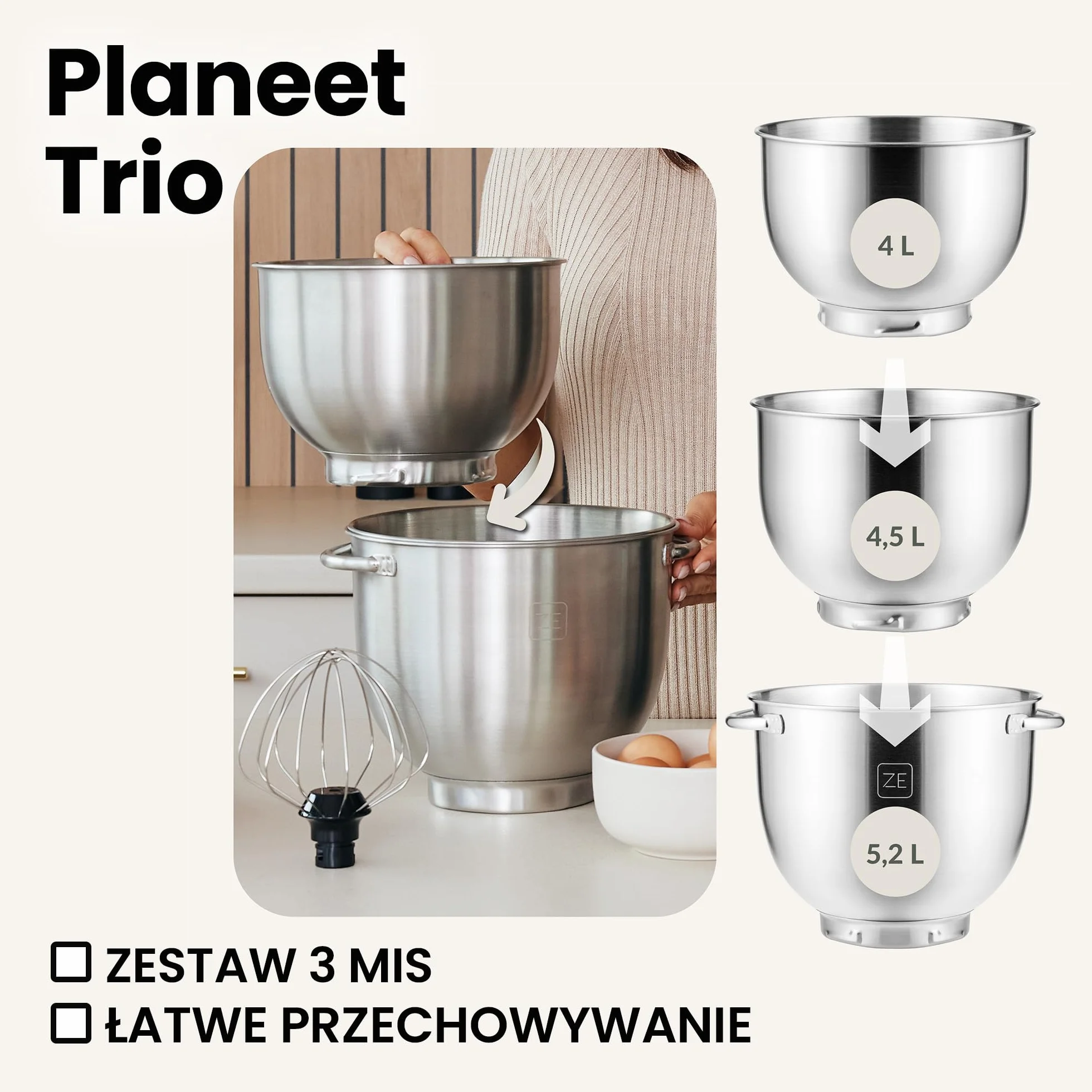 Robot Planetarny 1500 W Z 3 Misami 4l 4,5l 5,2l 10 Prędkości Mikser Hak Mieszadło Trzepaczka Biały