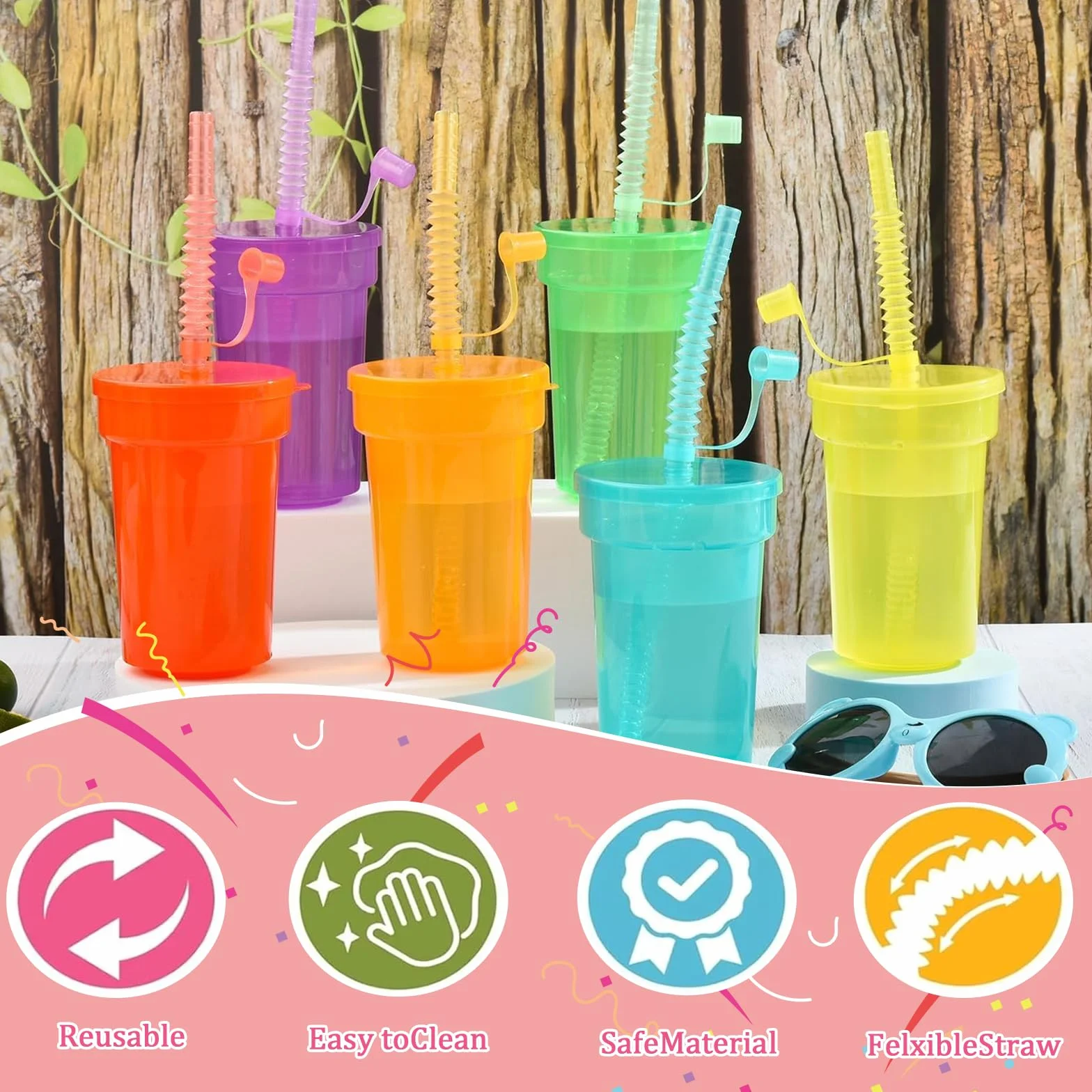 12 sztuk kubków, kubków imprezowych, z pokrywką i słomkami, 380 ml, plastikowe kubki wielokrotnego użytku, neonowe kubki do kawy mrożonej, zimnej i smoothie