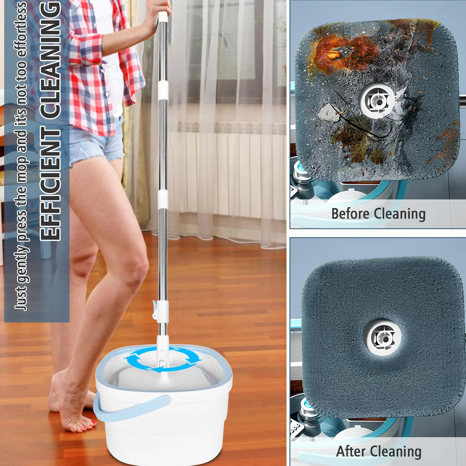 Mop do mopa 130 cm, z wiadrem wyciszającym, system filtrów 2 w 1 oddziela brud słodką wodę, mop z mikrofibry do podłóg okiennych, mop czyszczący z 2 podkładkami