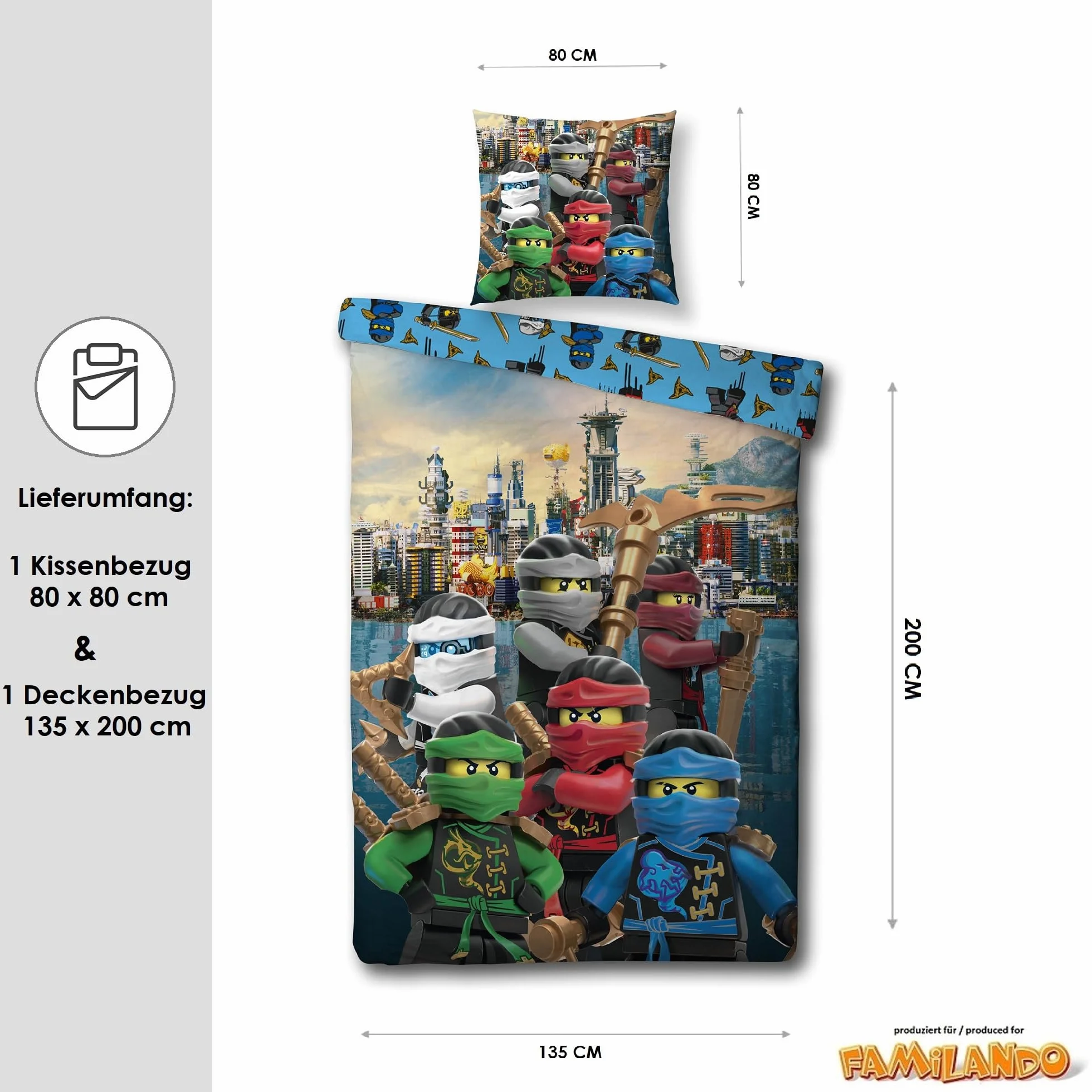 Lego Ninjago komplet pościeli dla chłopców 135x200 80x80 cm 100% bawełny zamek błyskawiczny motyw Assemble